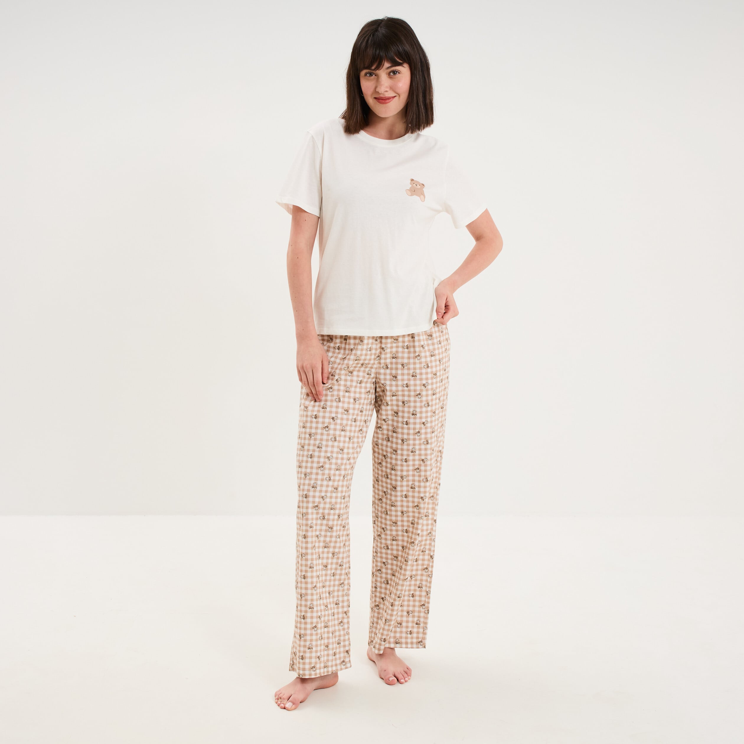 Pantalon de pyjama droit coton ecru femme