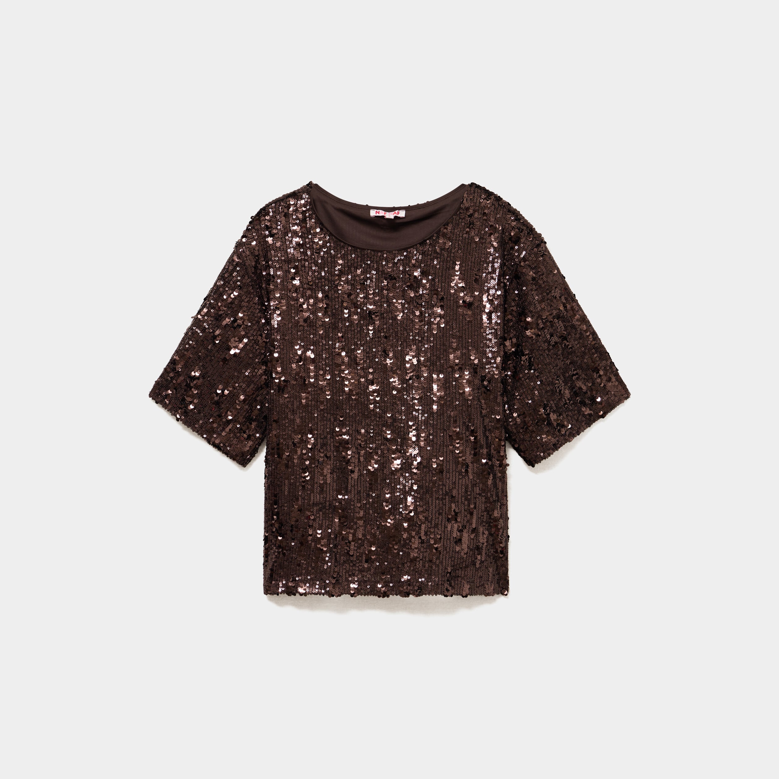 T-shirt &agrave; sequins manches courtes marron fonc&eacute; femme