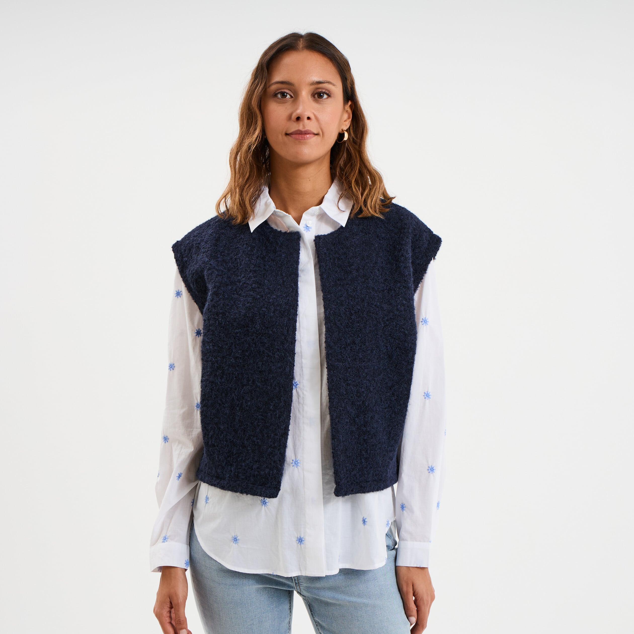 Veste sans manches bleu fonc&eacute; femme