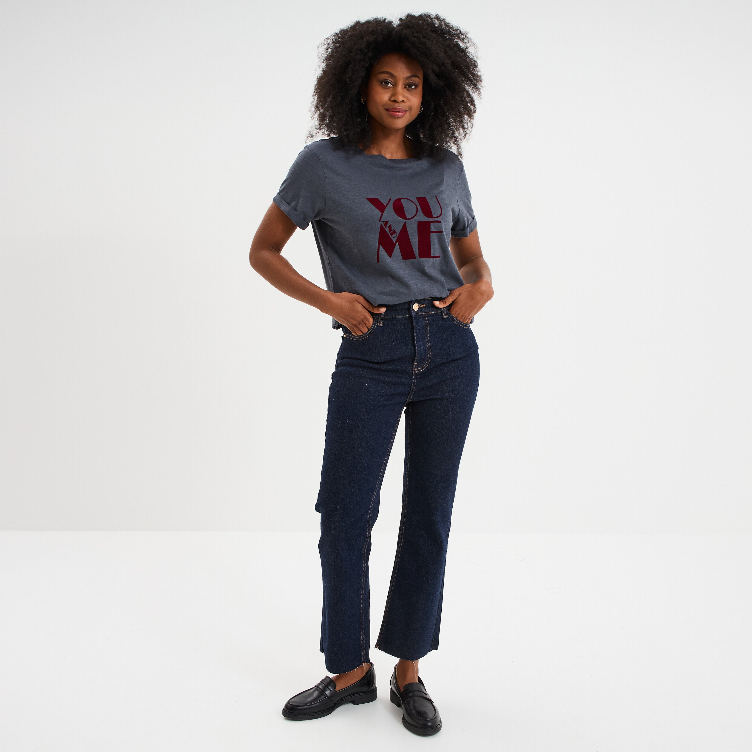 t shirt manches courtes coton bleu gris femme T-shirt manches courtes coton bleu gris femme