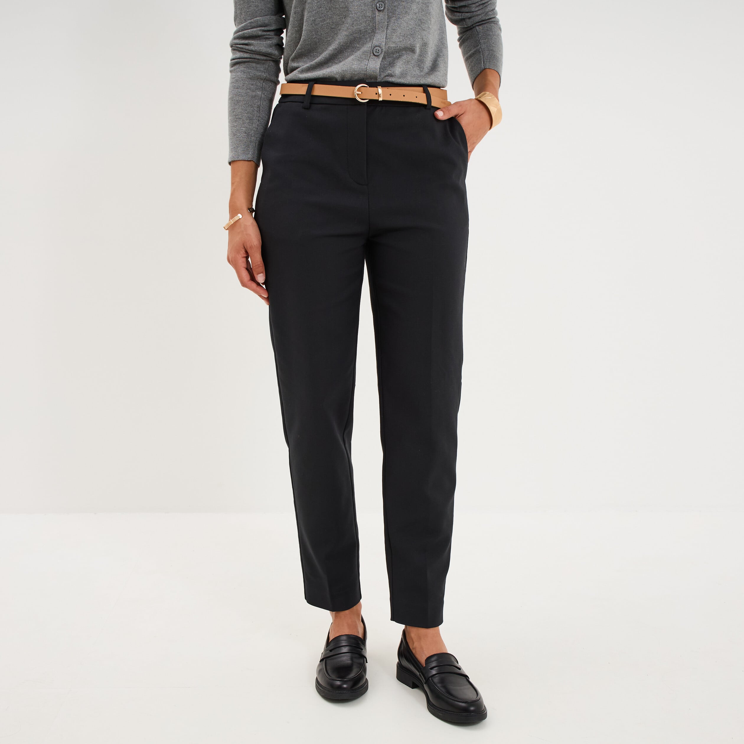 Pantalon chino ceinture amovible noir femme