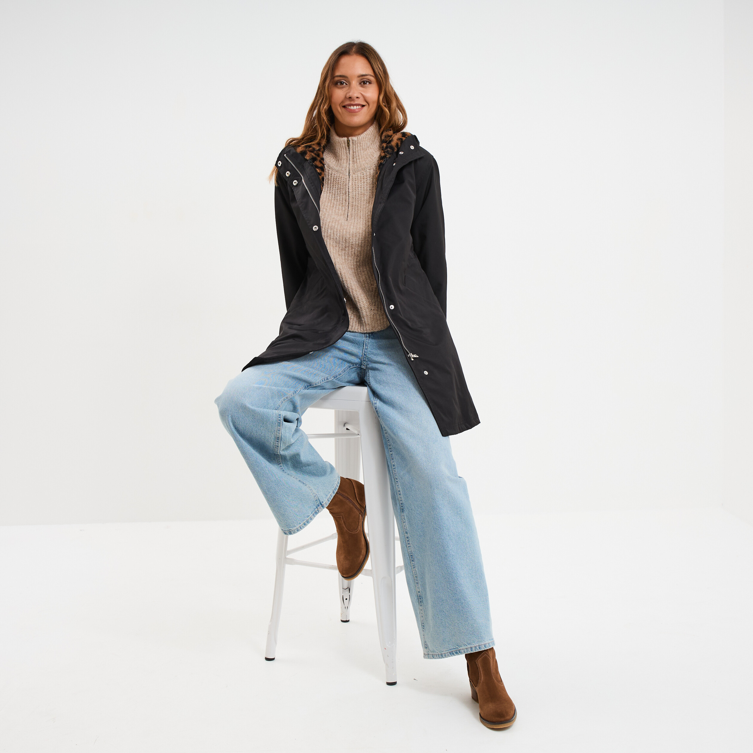 Pull col camionneur manches longues beige femme