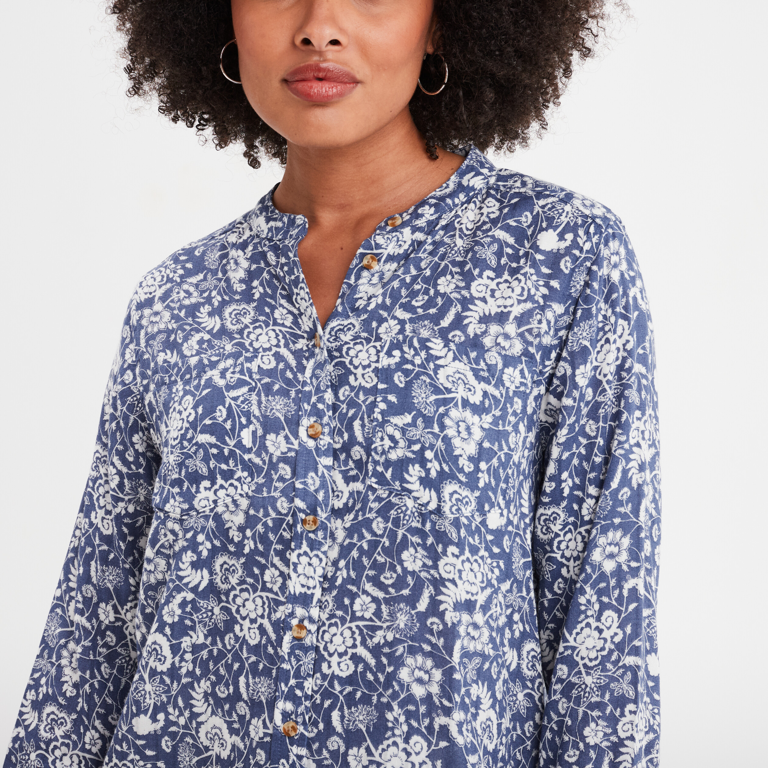 chemise manches longues col mao bleu gris femme Chemise manches longues col mao bleu gris femme