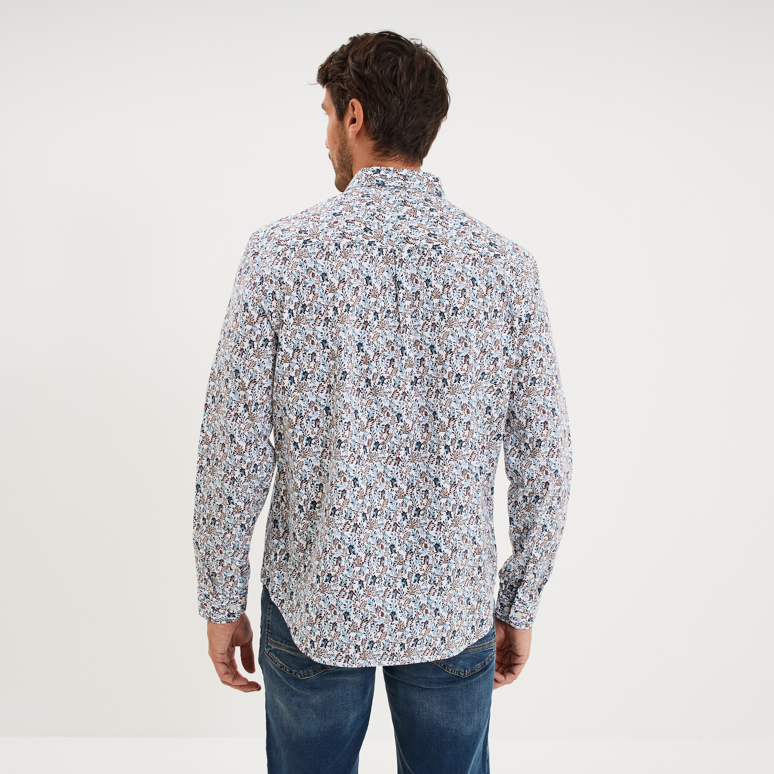 Chemise droite imprim&eacute;e manches longues ecru homme