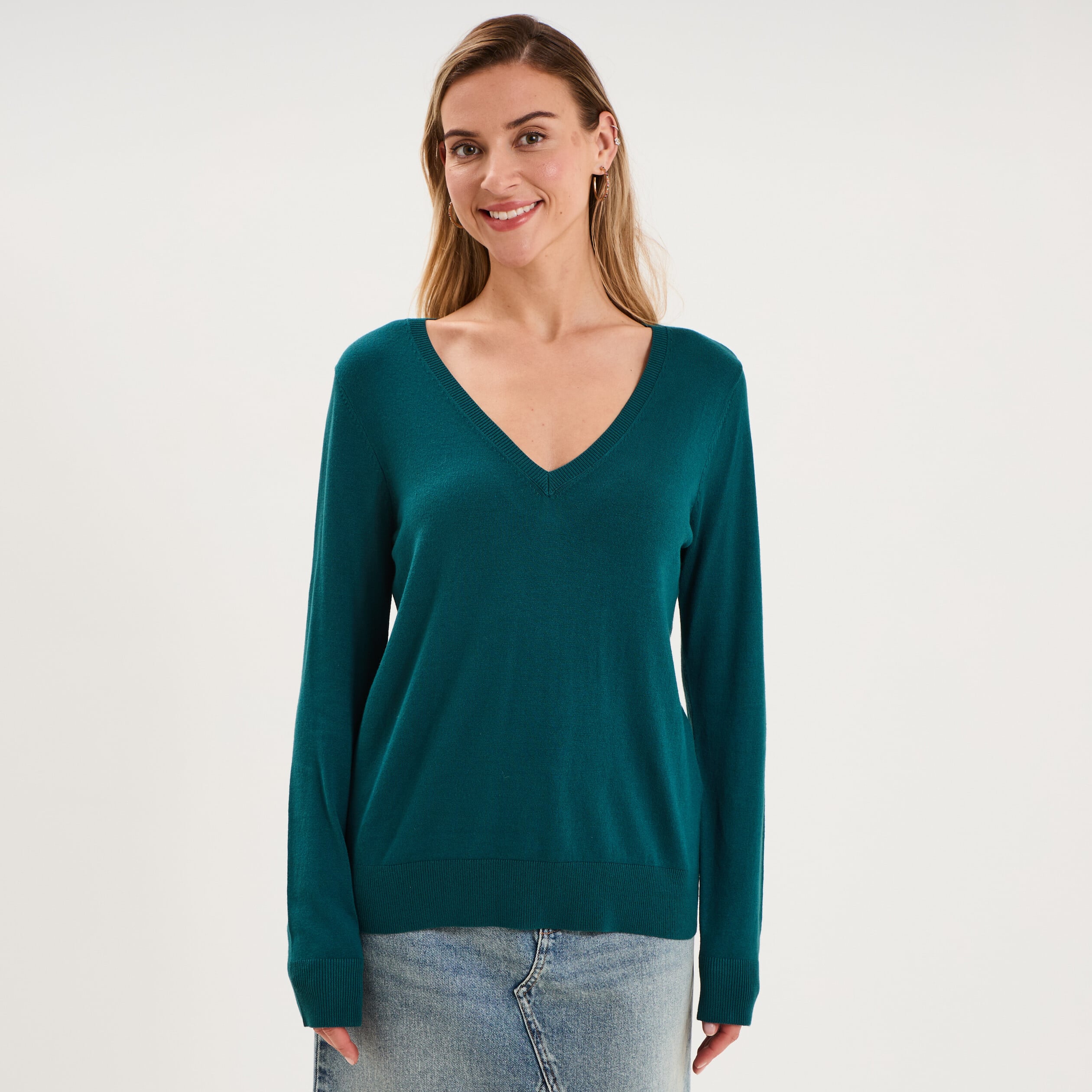Pull col en V manches longues vert fonc&eacute; femme