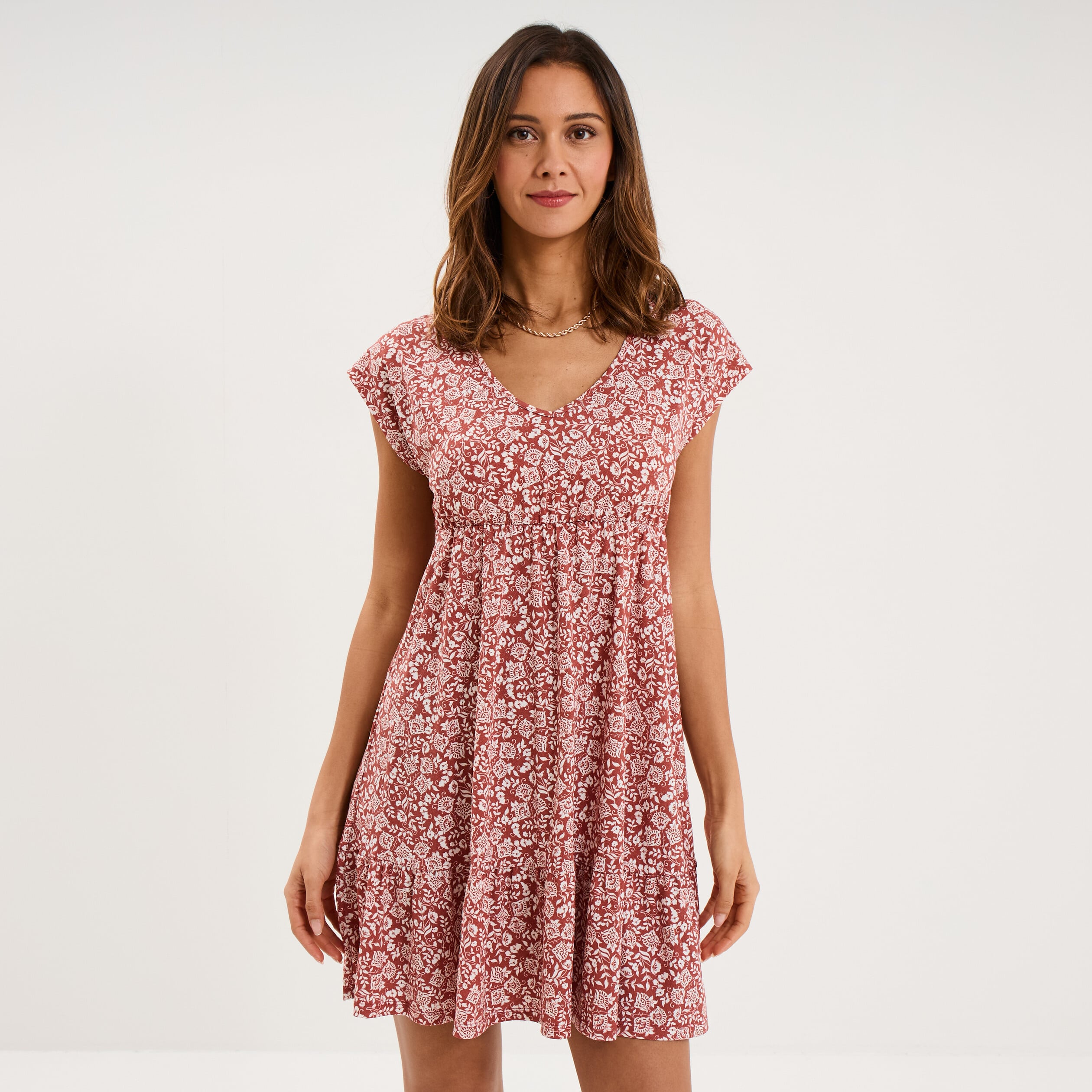 Robe patineuse manches courtes terracotta femme