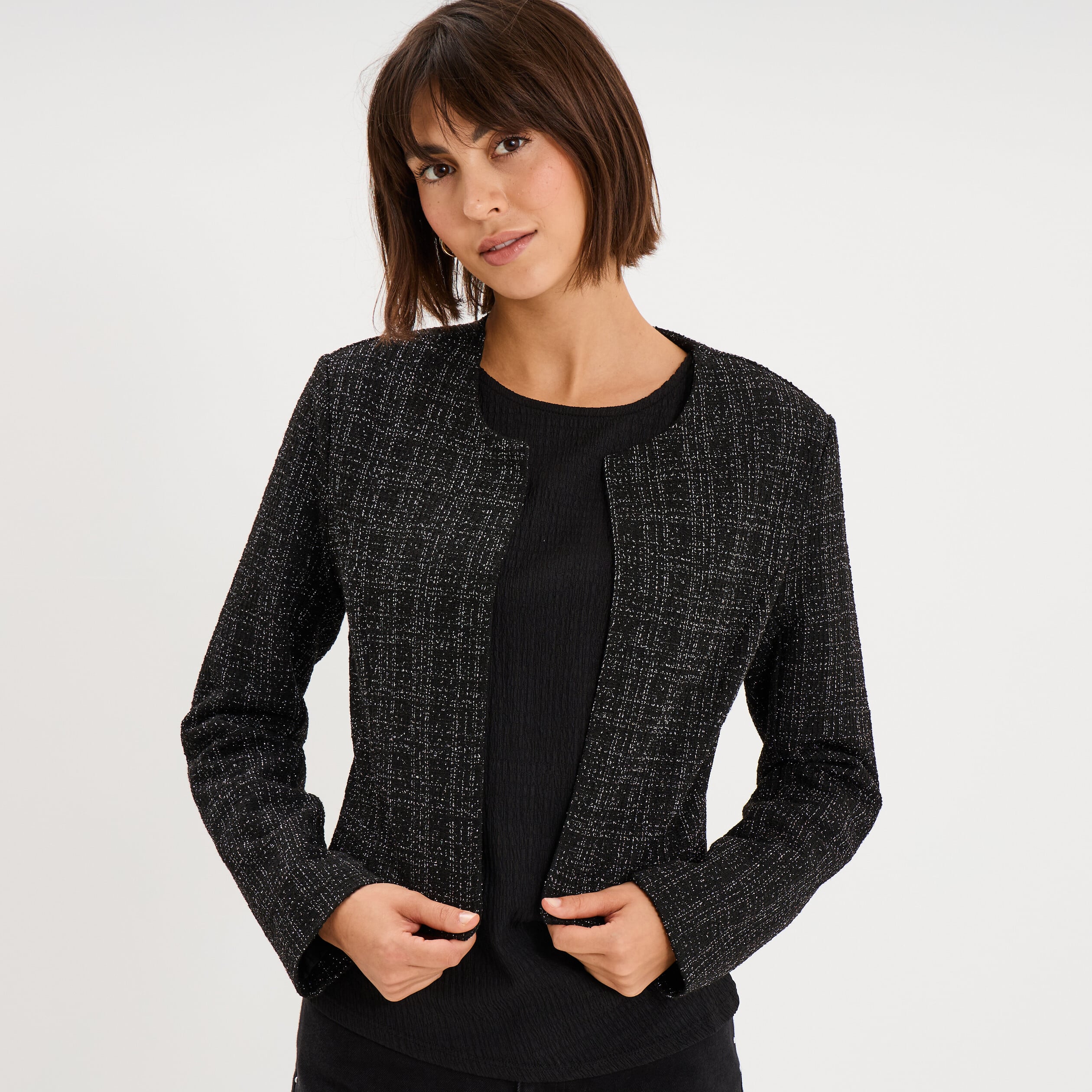 Veste bol&eacute;ro tweed manches longues noir femme