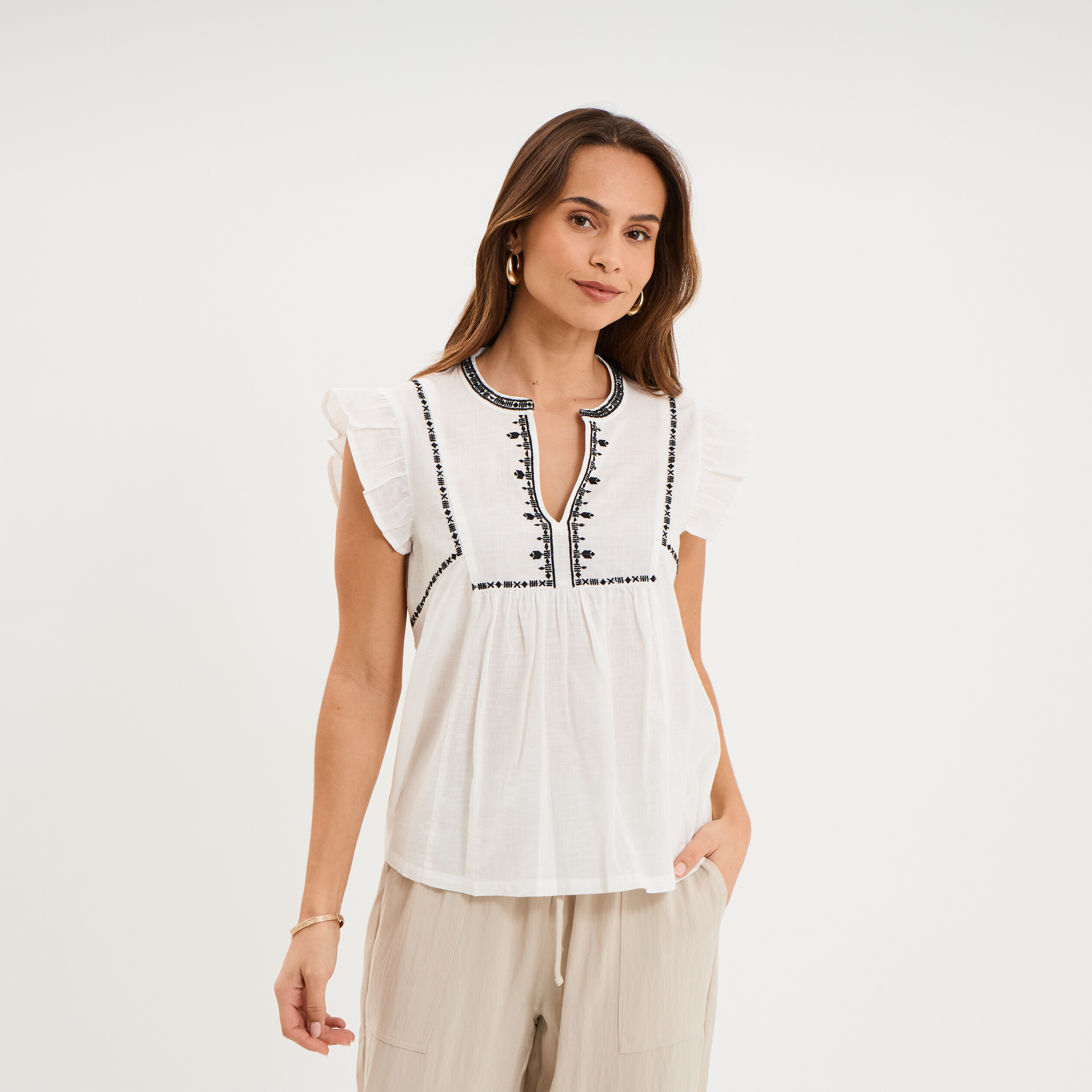 Blouse brod&eacute;e &agrave; volants coton blanc femme