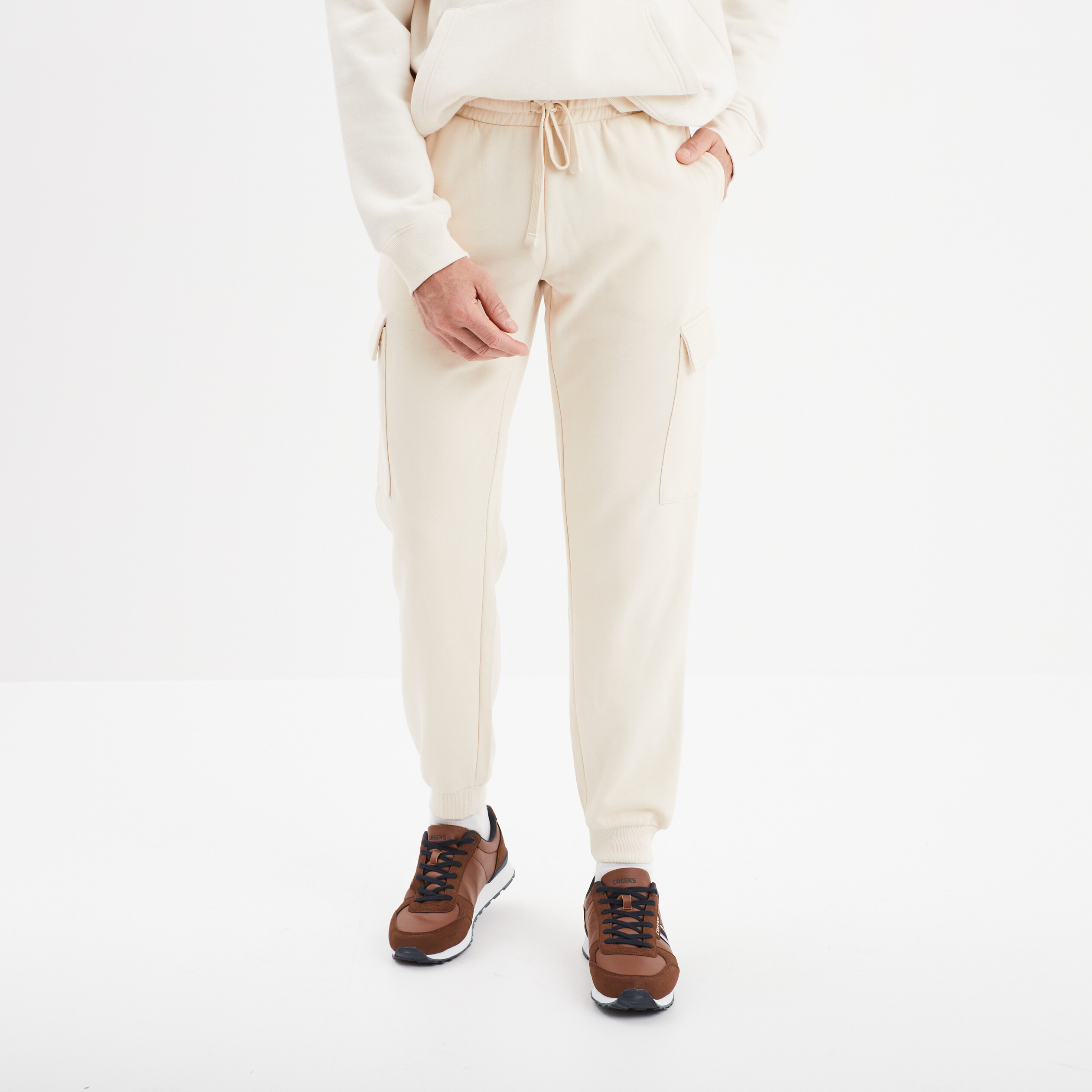 Pantalon jogging cargo molleton ecru homme