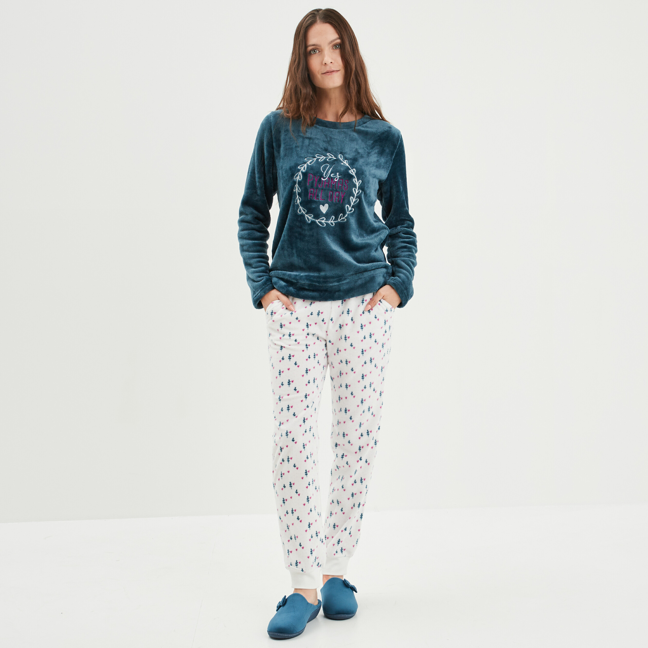 Ensemble pyjama pantalon velours bleu canard femme