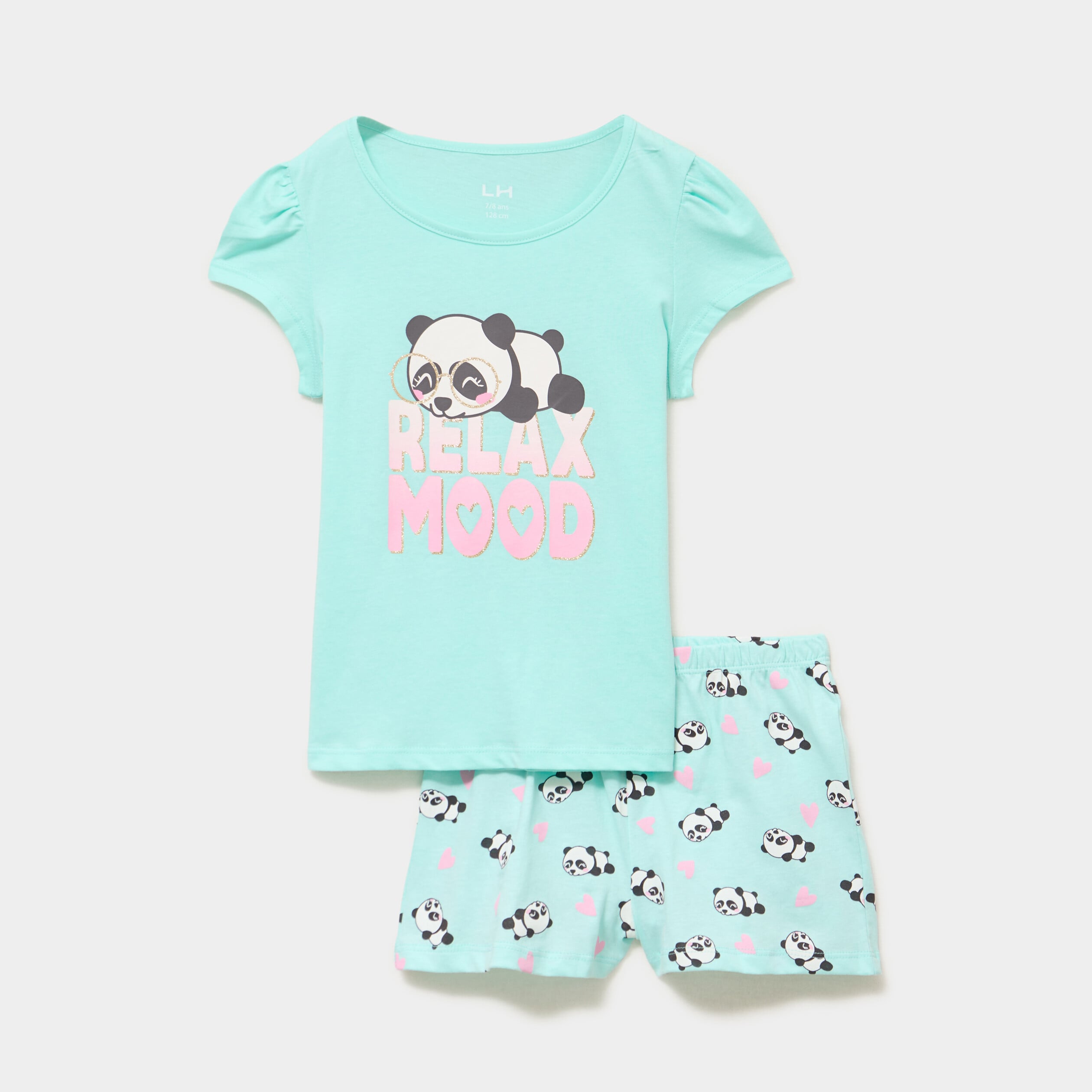 Ensemble pyjama short et t-shirt coton bleu turquoise fille
