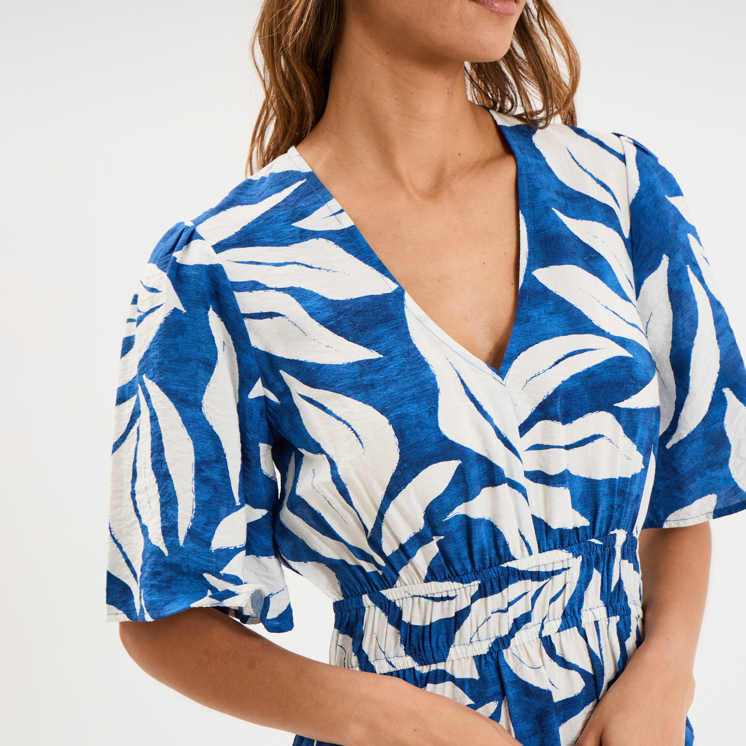 Robe longue col V taille &eacute;lastiqu&eacute;e bleu marine femme