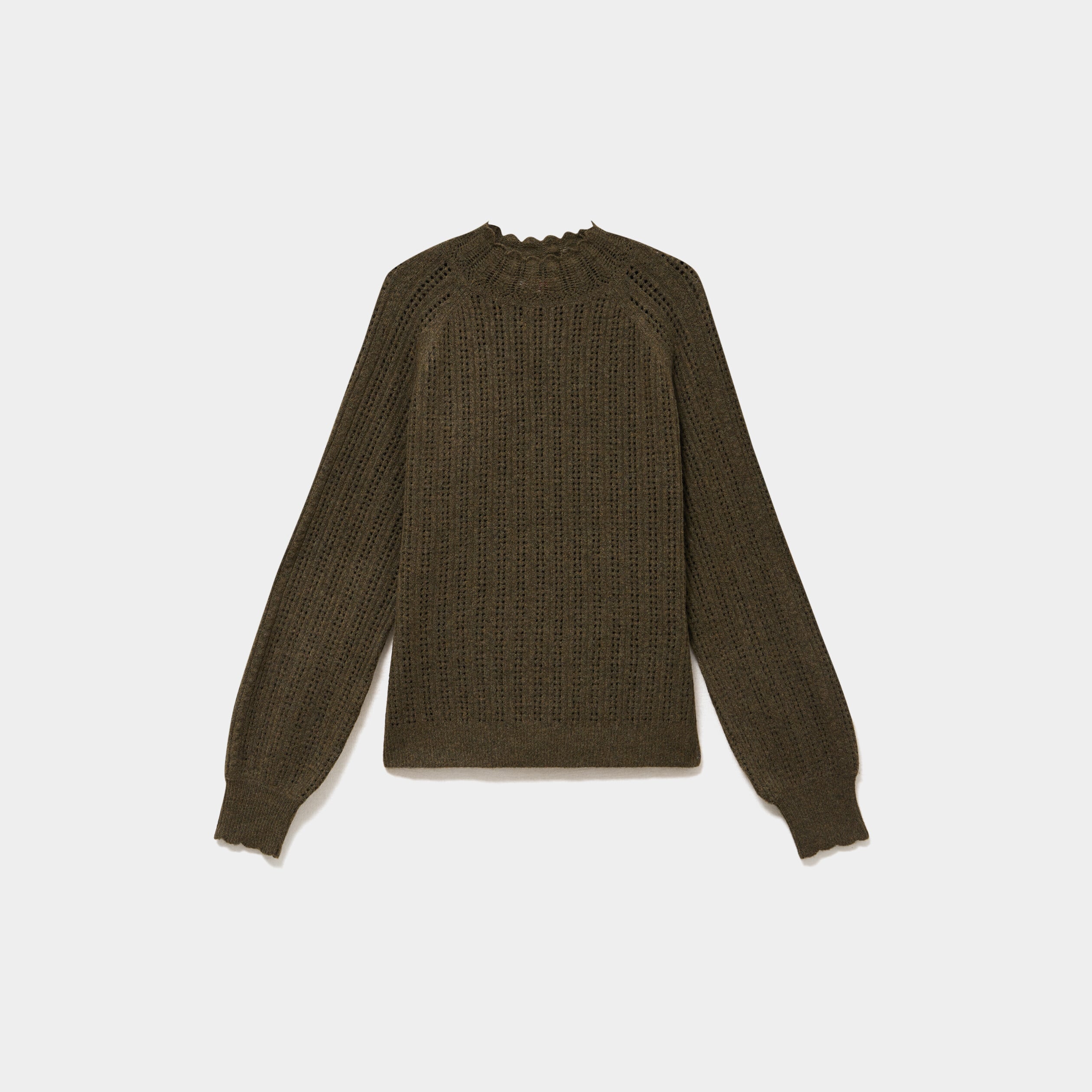 Pull col montant textur&eacute; manches longues vert kaki femme