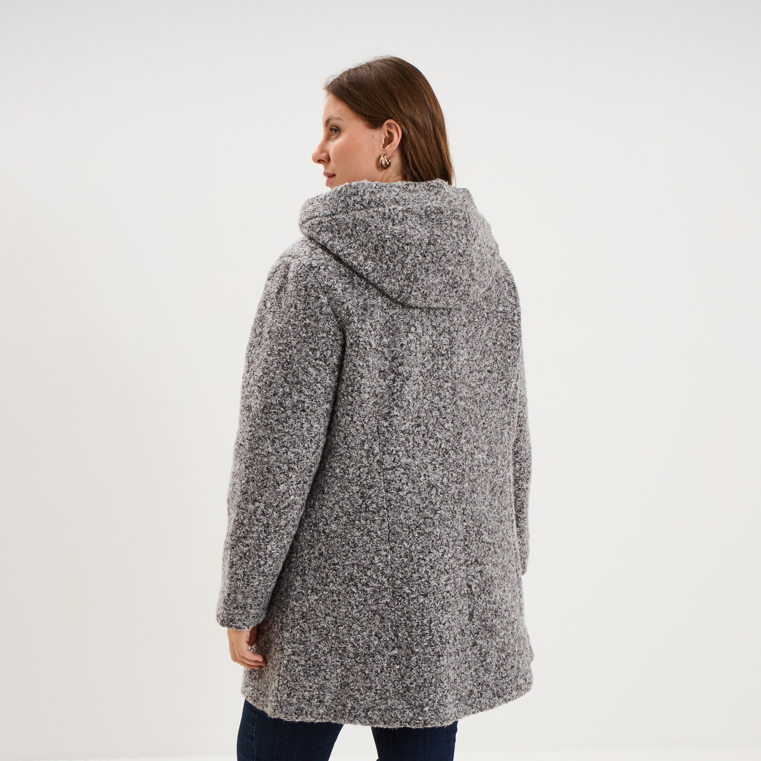 Manteau aspect bouclette &agrave; capuche gris femme grande taille