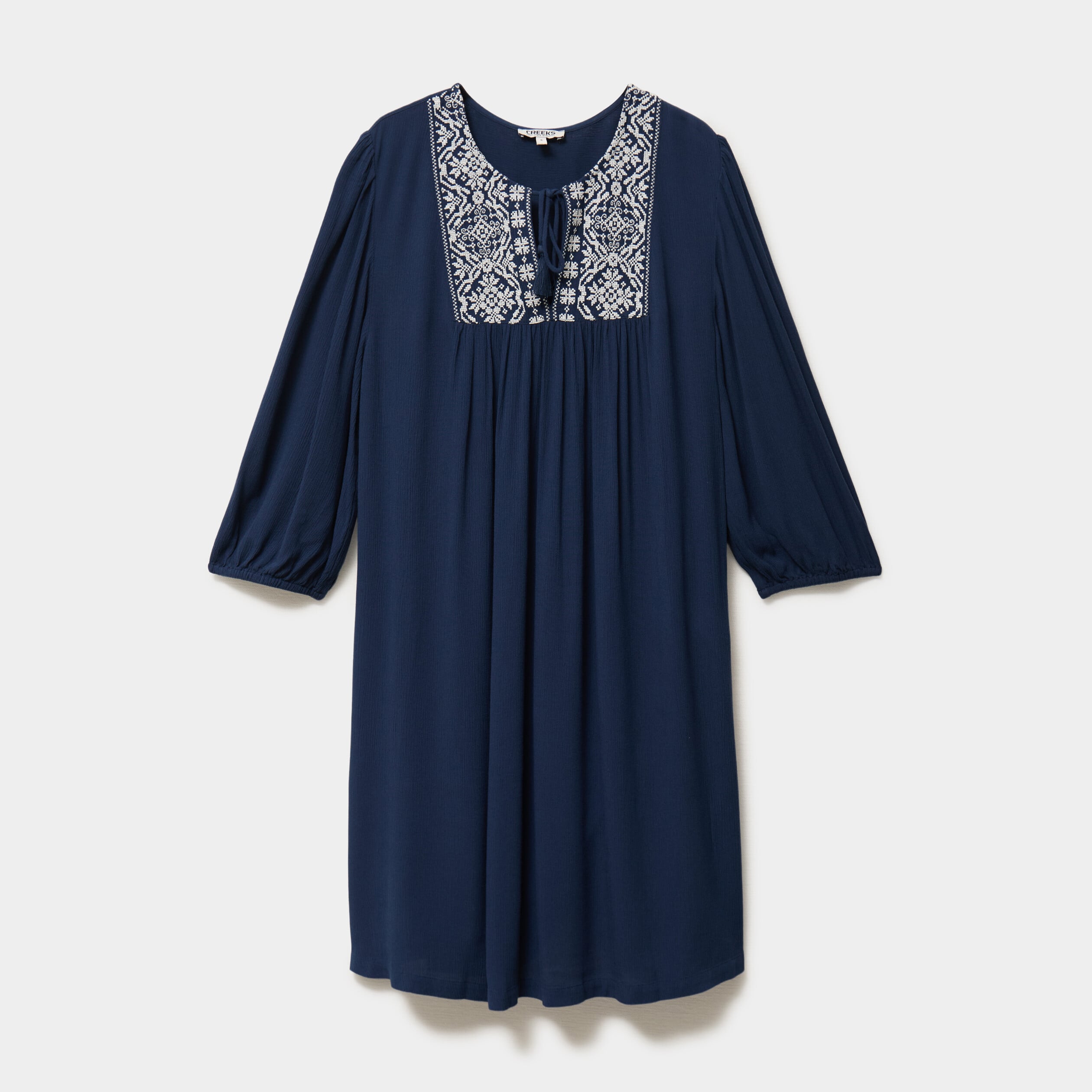 Robe fluide brod&eacute;e manches 3/4 bleu marine femme