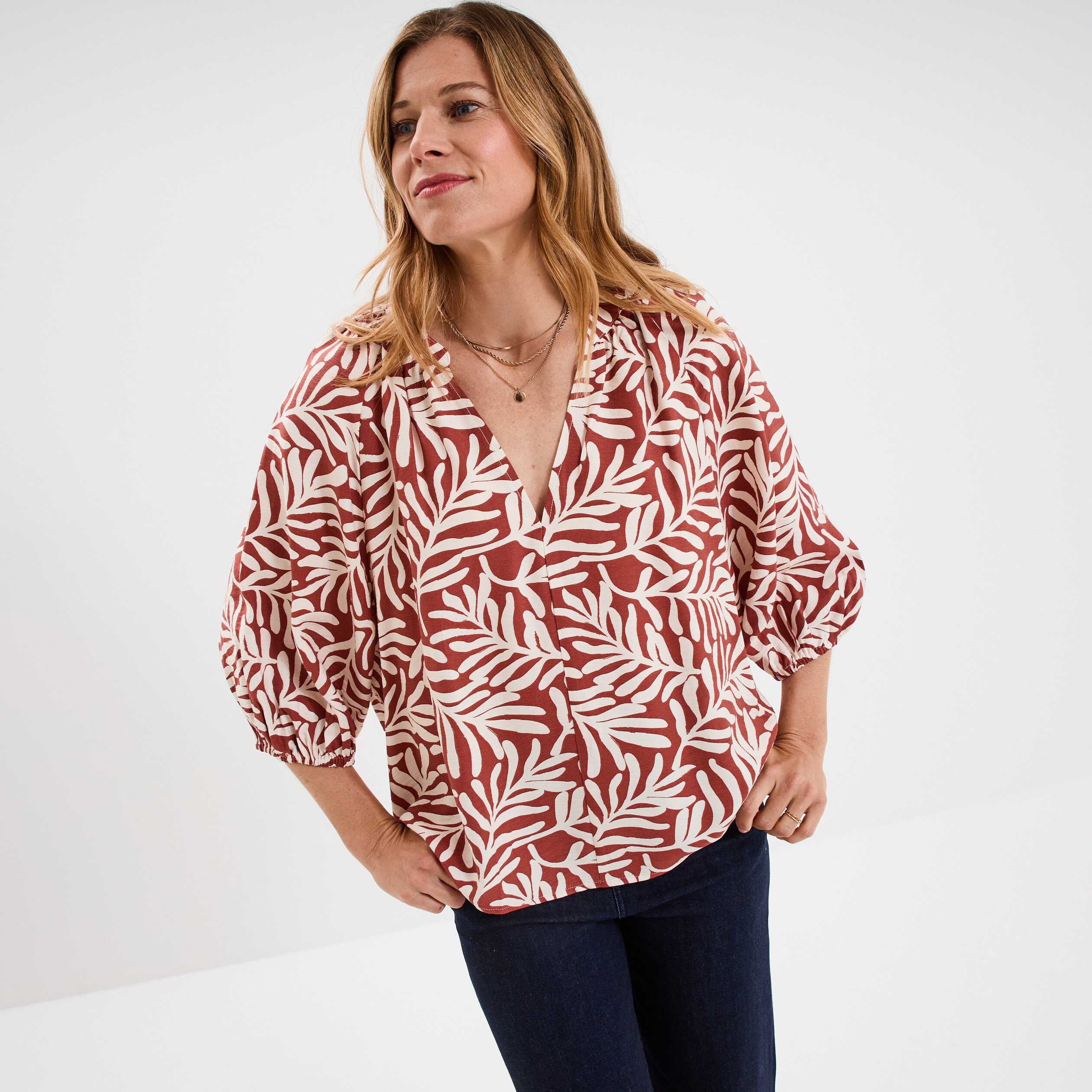blouse manches 34 ballons col tunisien terracotta femme Blouse manches 3/4 ballons col tunisien terracotta femme