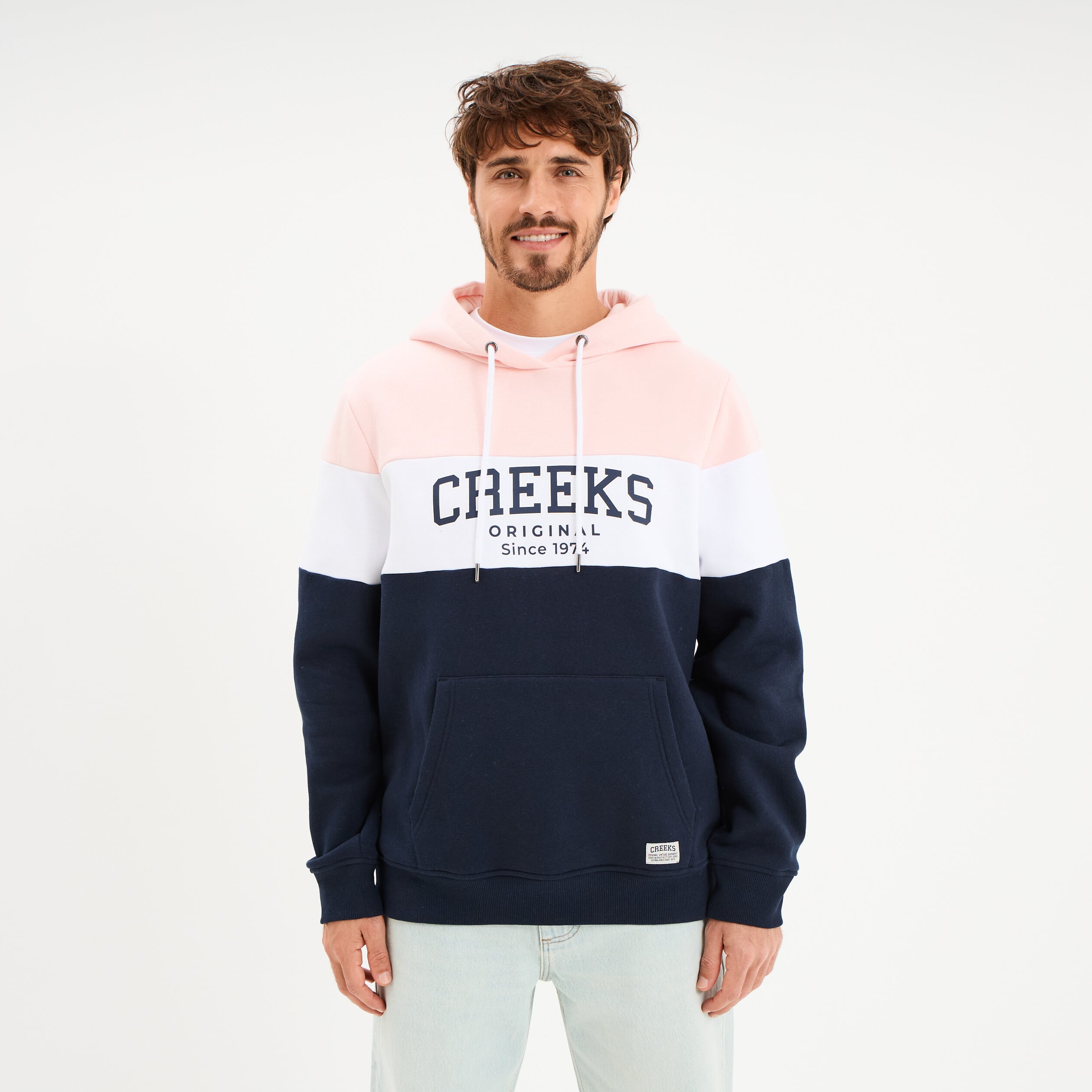 Sweat hoodie en molleton 1 poche rose pastel homme