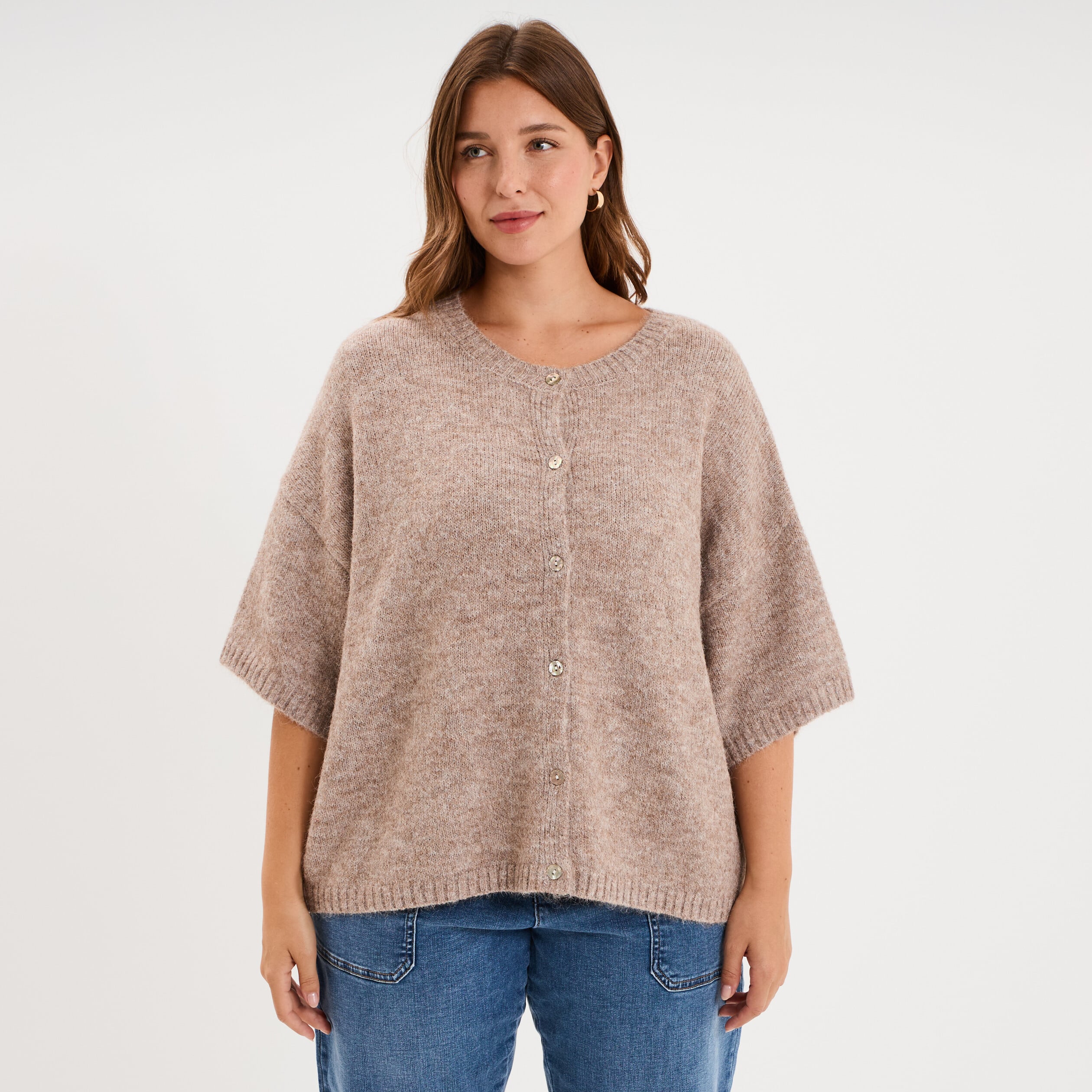 Gilet manches courtes col rond beige femme grande taille