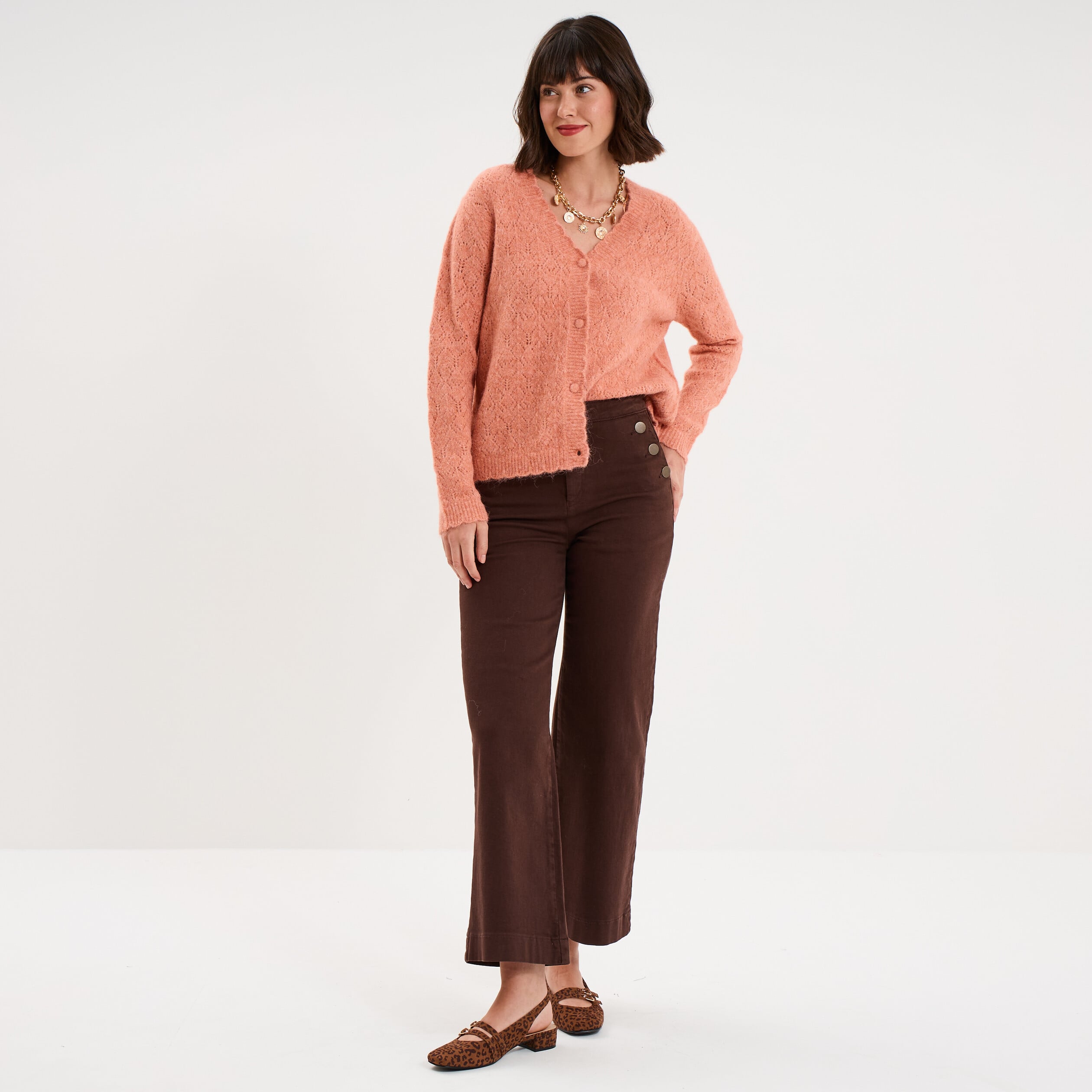 Gilet cardigan ajour&eacute; manches longues rose corail femme