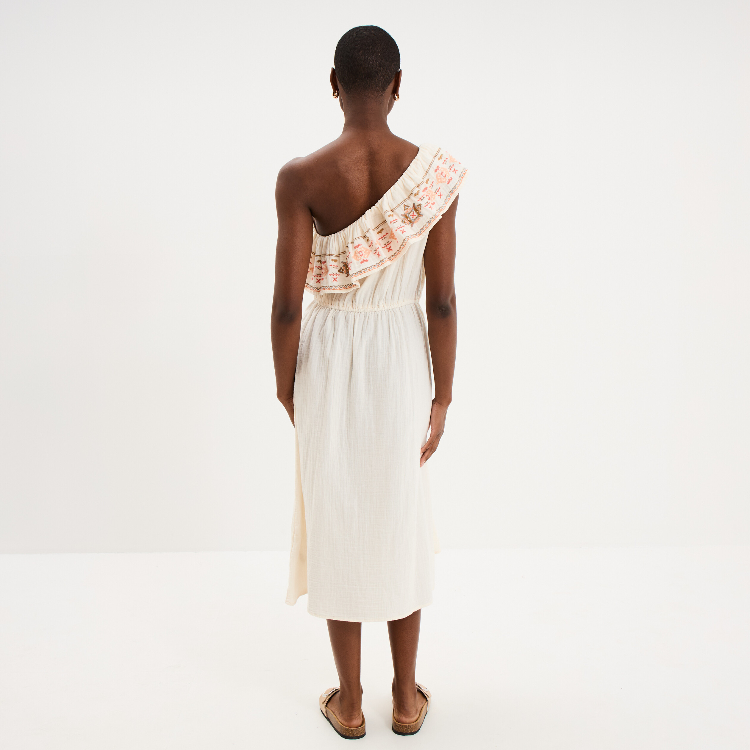 Robe asym&eacute;trique col brod&eacute; gaze de coton creme femme