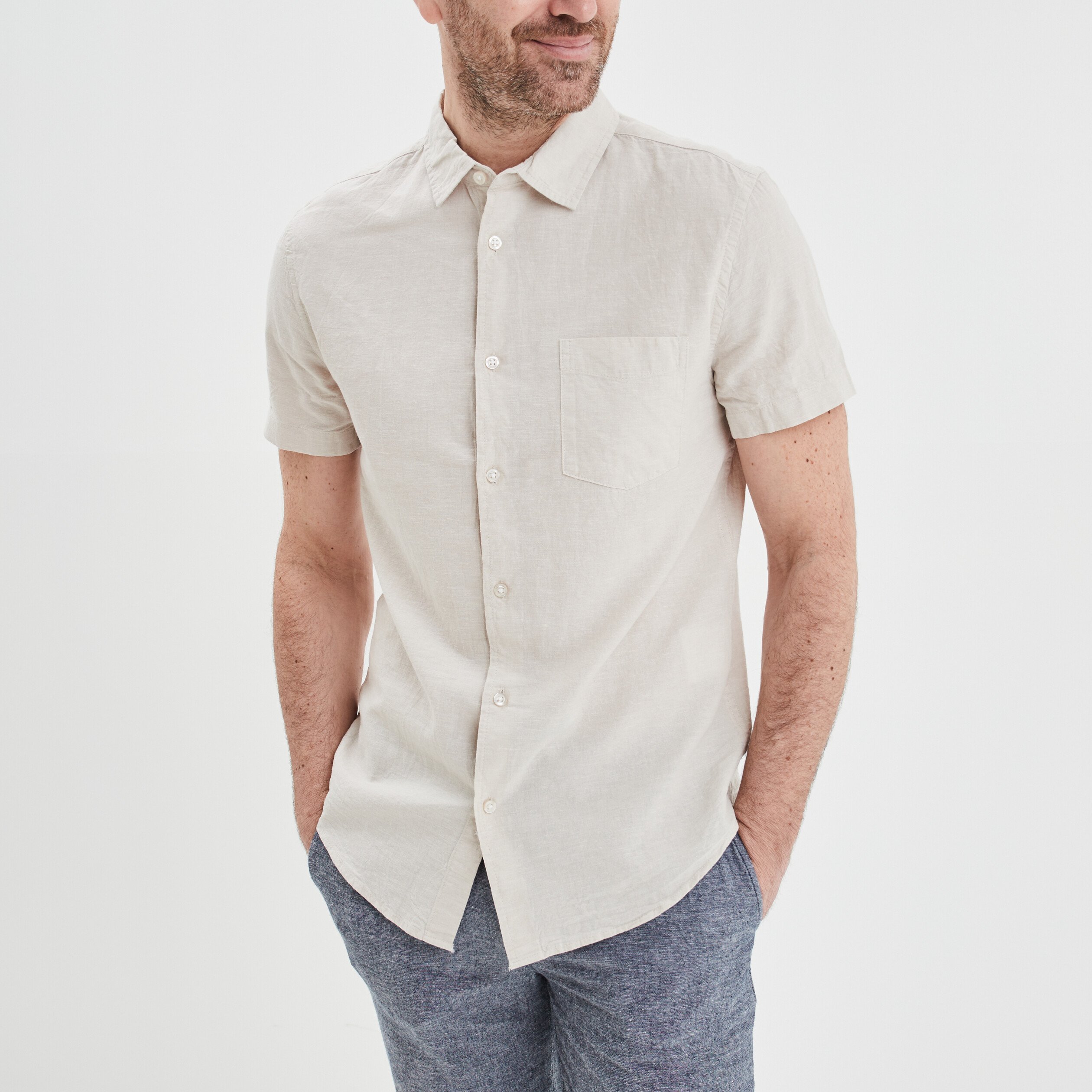 Chemise manches courtes lin mélangé gris clair homme
