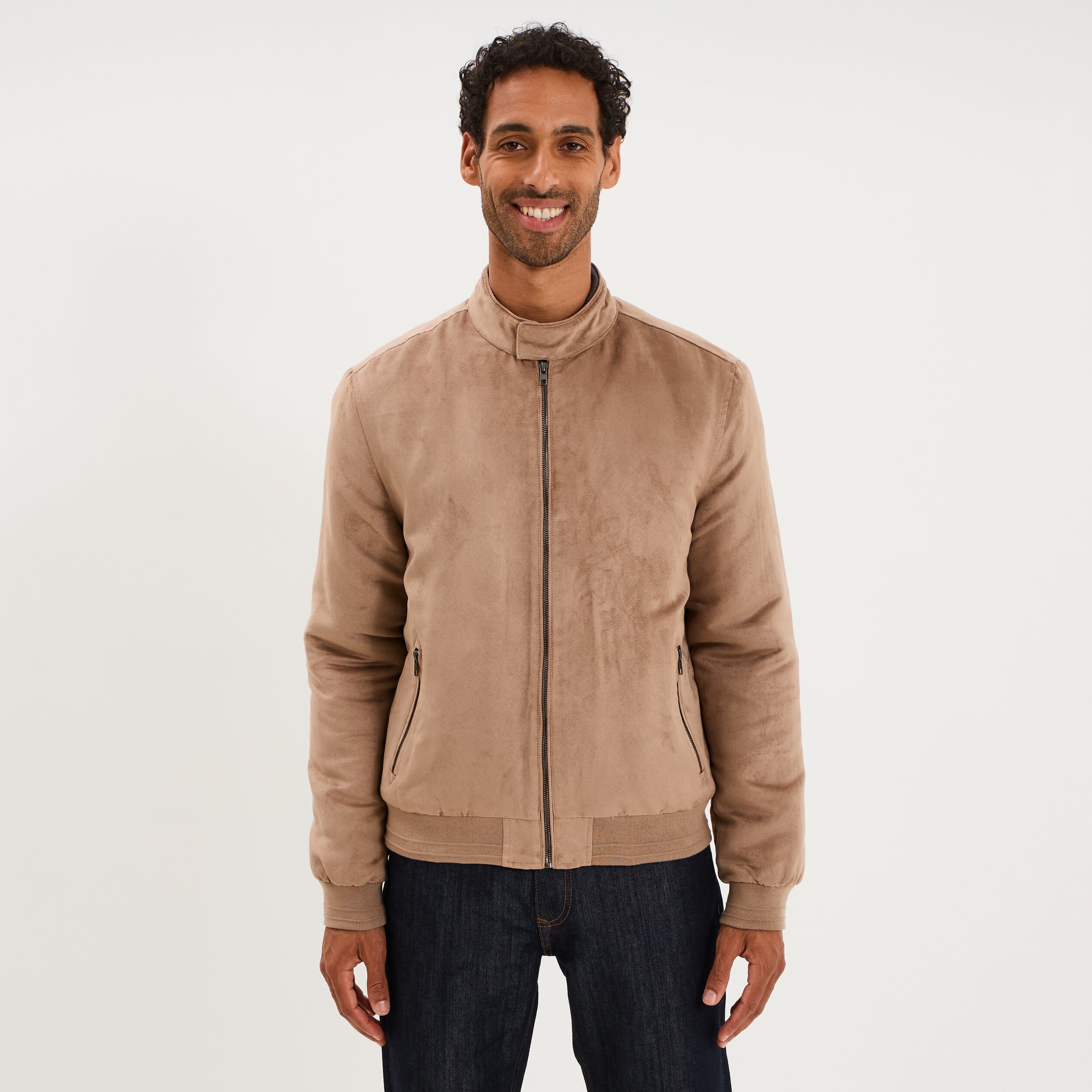 Blouson col biker en su&eacute;dine zipp&eacute; taupe homme