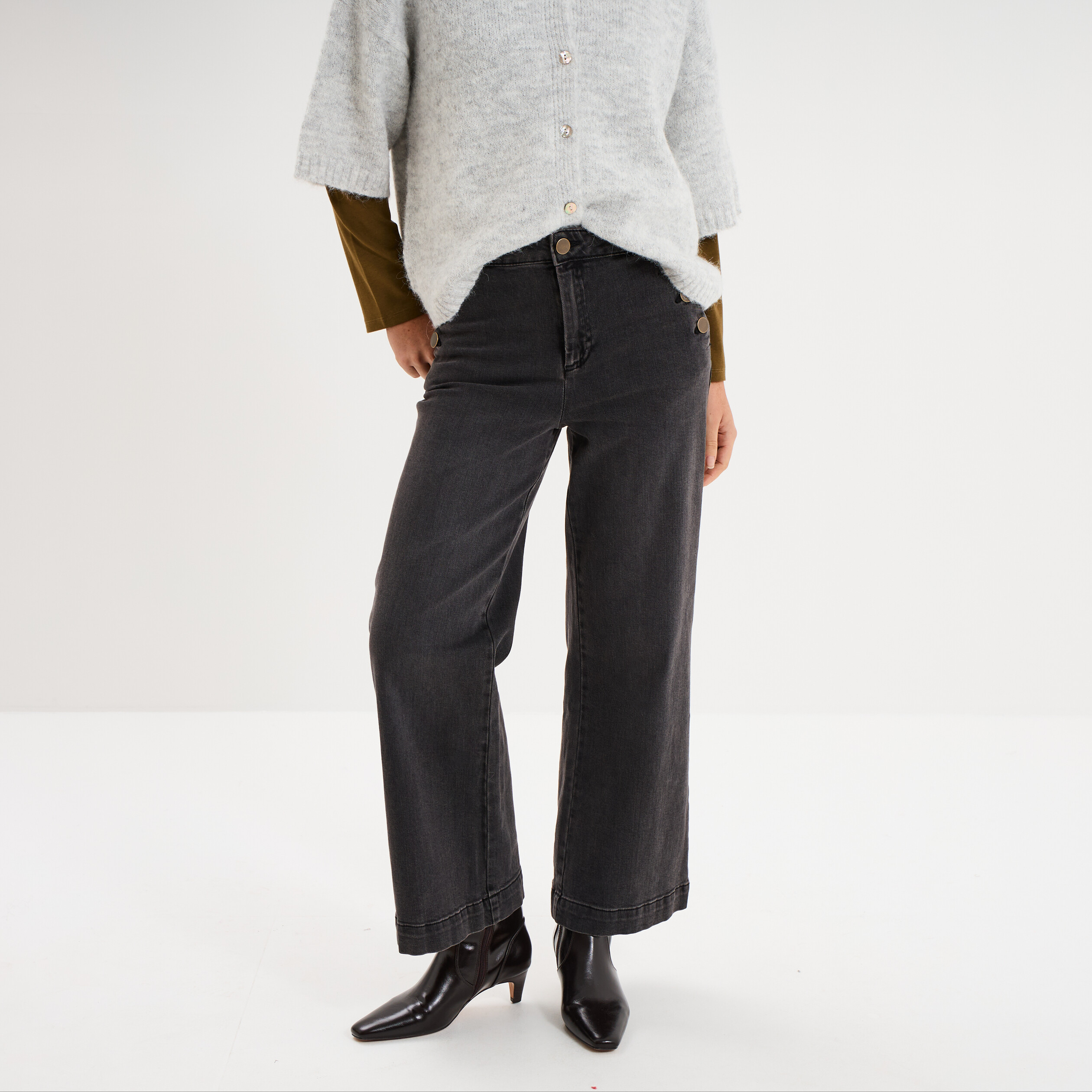 Jean large cropped &agrave; pont taille haute denim noir femme
