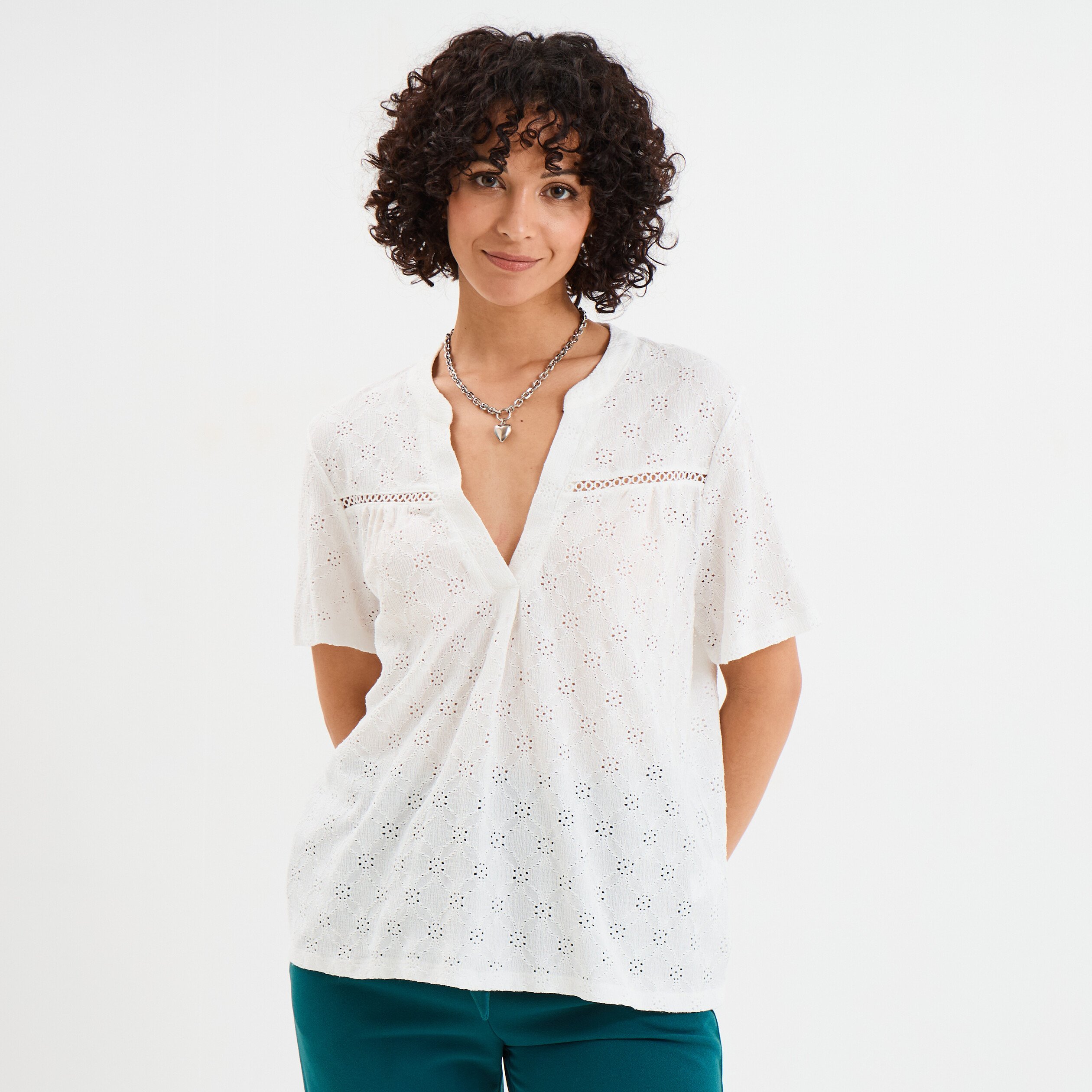 t shirt broderie anglaise col tunisien blanc femme T-shirt broderie anglaise col tunisien blanc femme