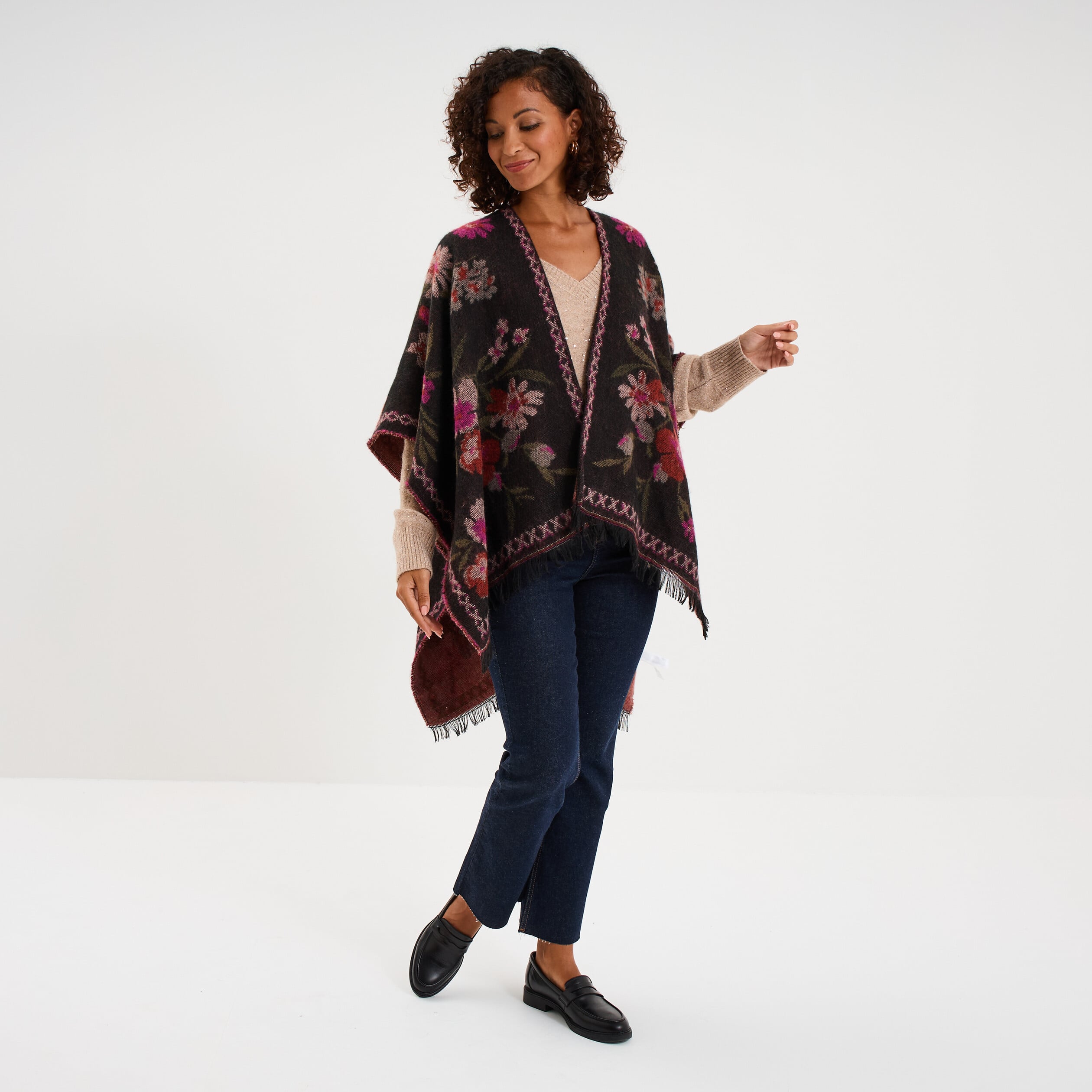 Poncho mi-long avec franges multicolore femme