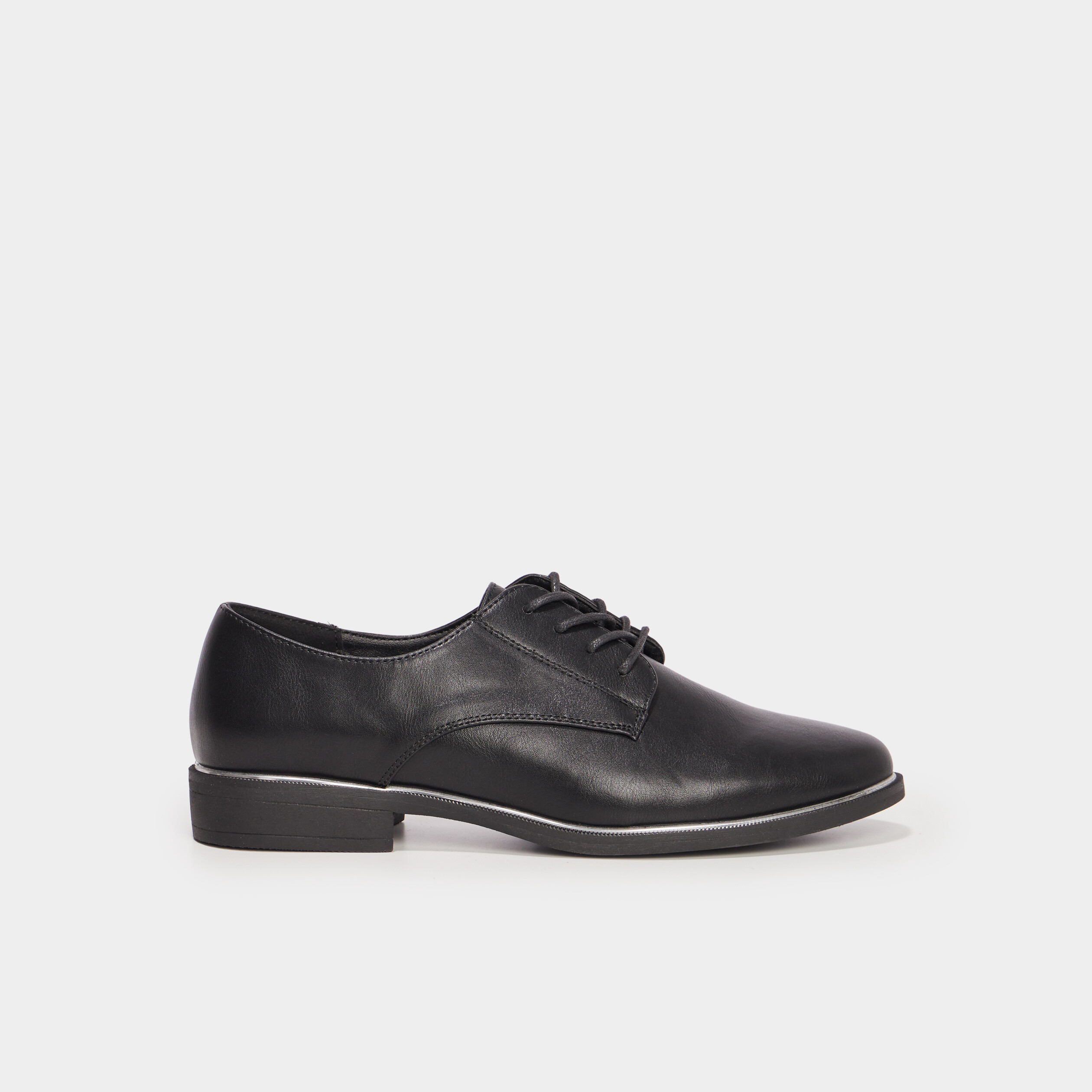 Derbies liser&eacute;s m&eacute;tallis&eacute;s talon plat noir femme
