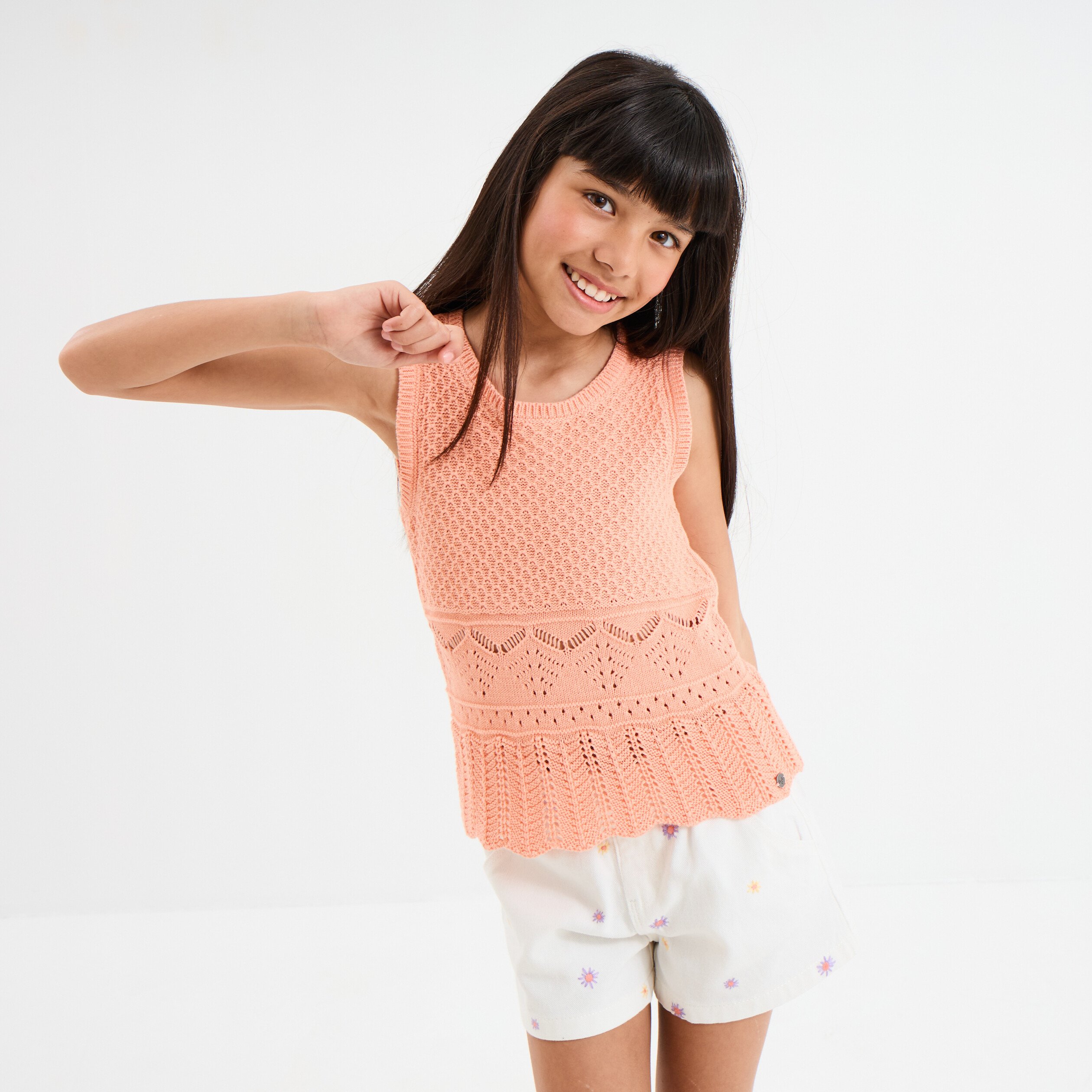 debardeur tricot ajoure coton rose saumon fille Débardeur tricot ajouré coton rose saumon fille