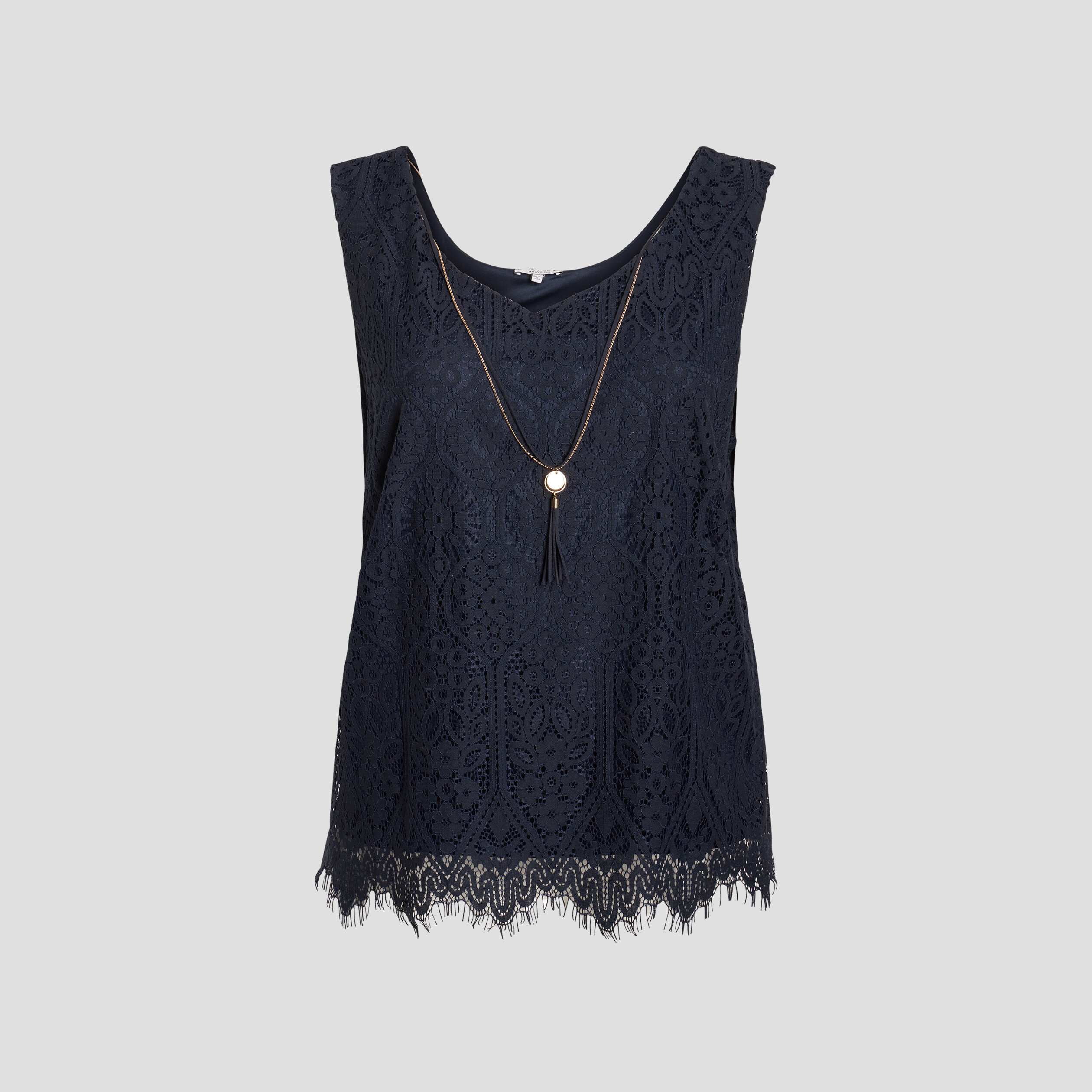 debardeur col v avec bijoux bleu marine femmegt Débardeur col V avec bijoux bleu marine femme grande taille