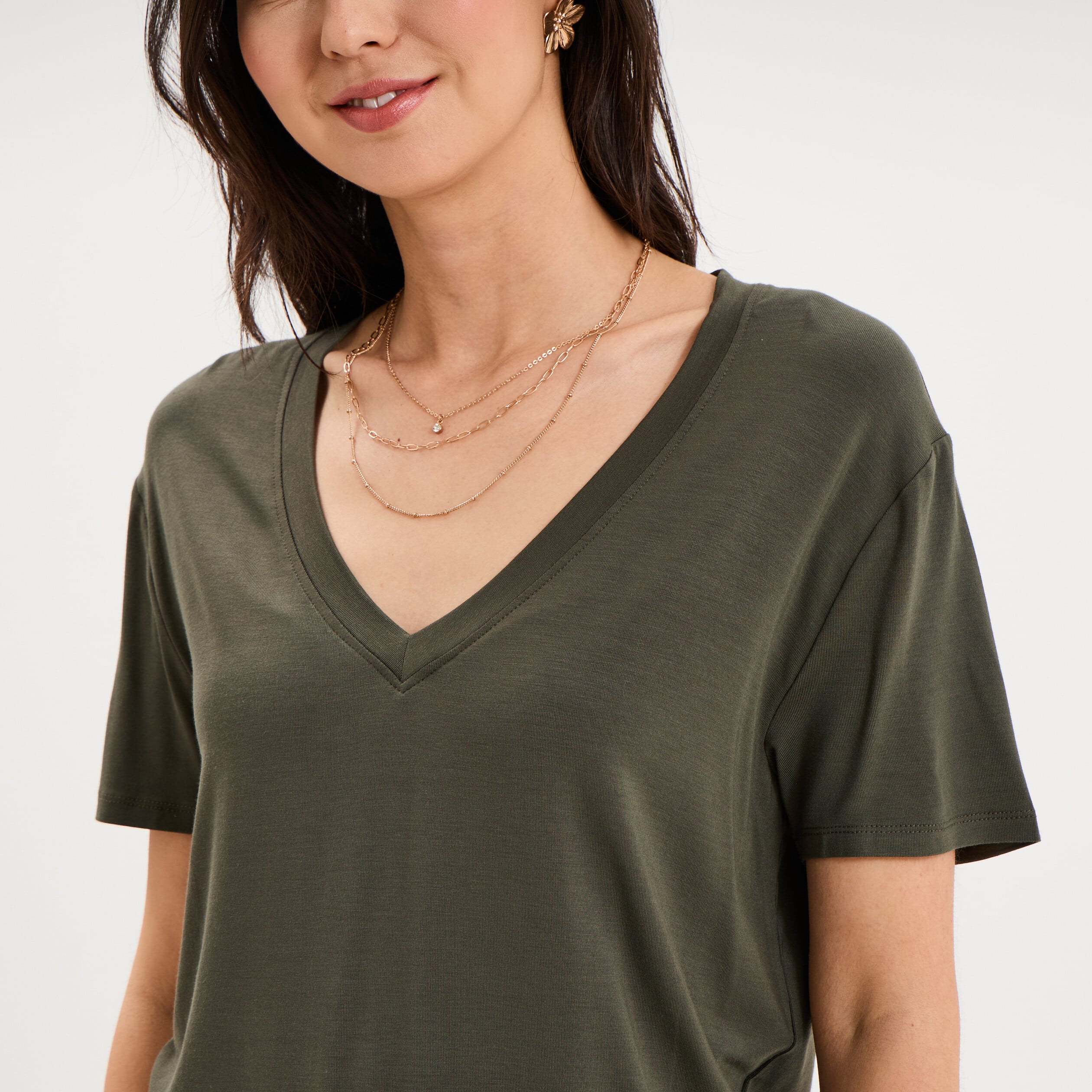 T-shirt fluide col en V manches courtes vert kaki femme