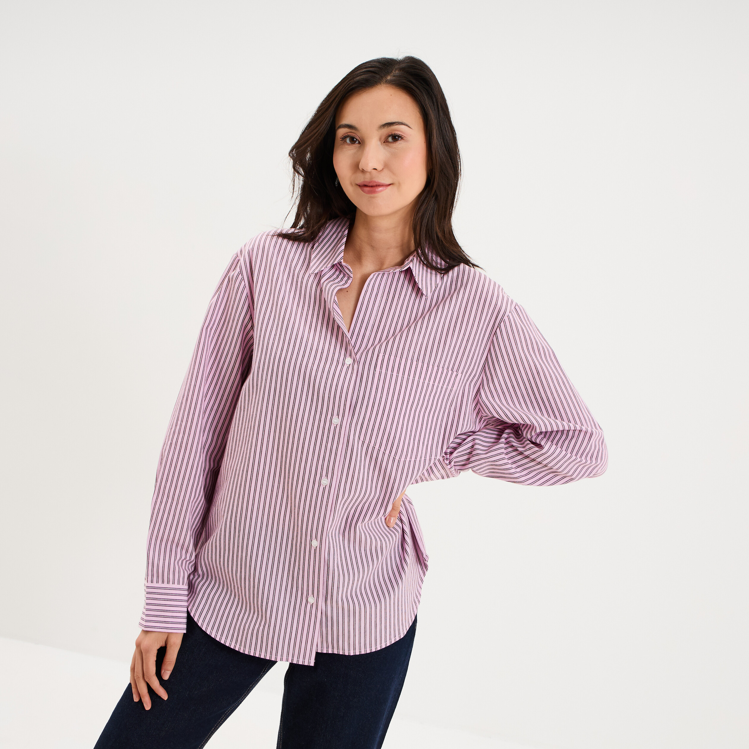 Chemise oversize 1 poche coton rose femme