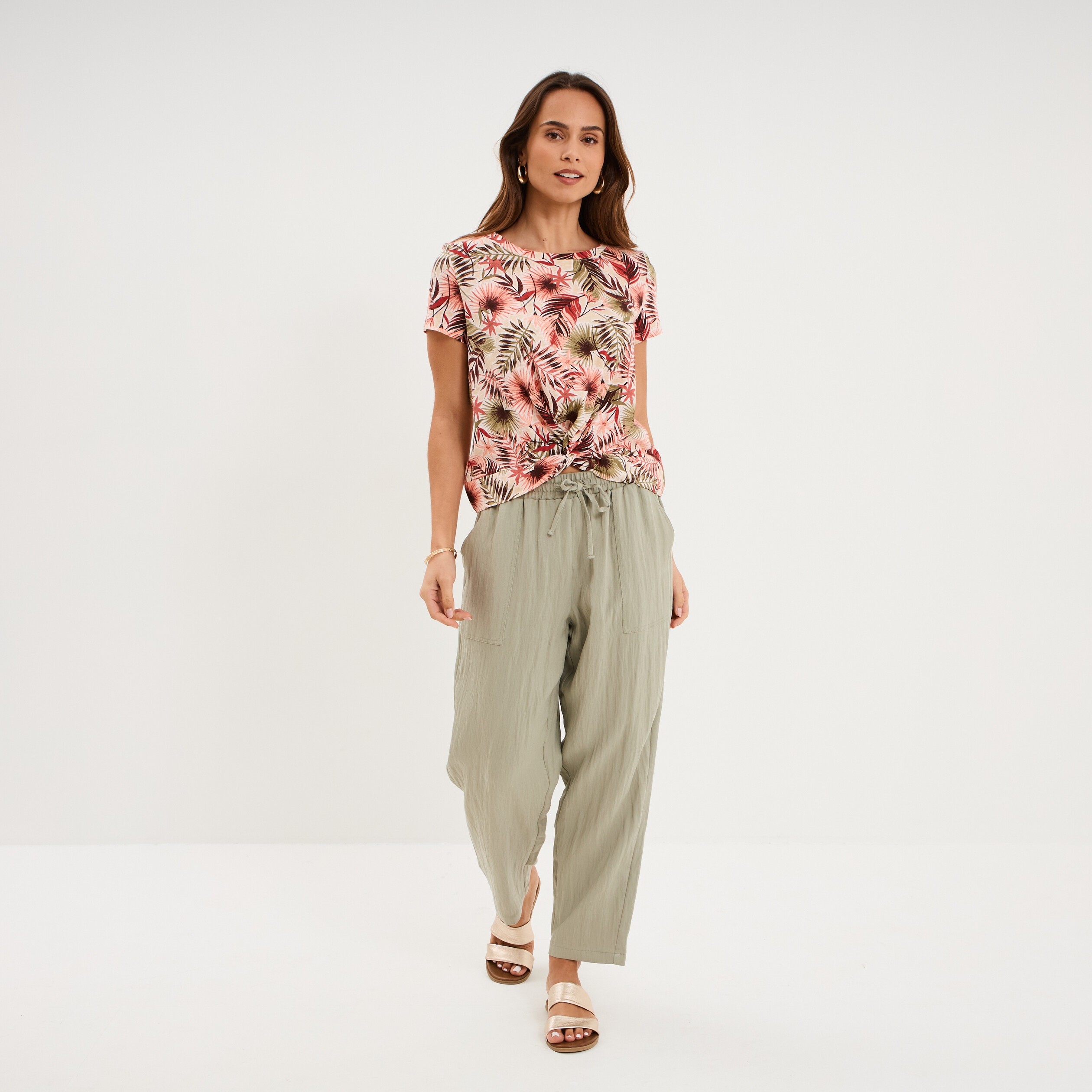 T-shirt taille effet nou&eacute; coton vert kaki femme
