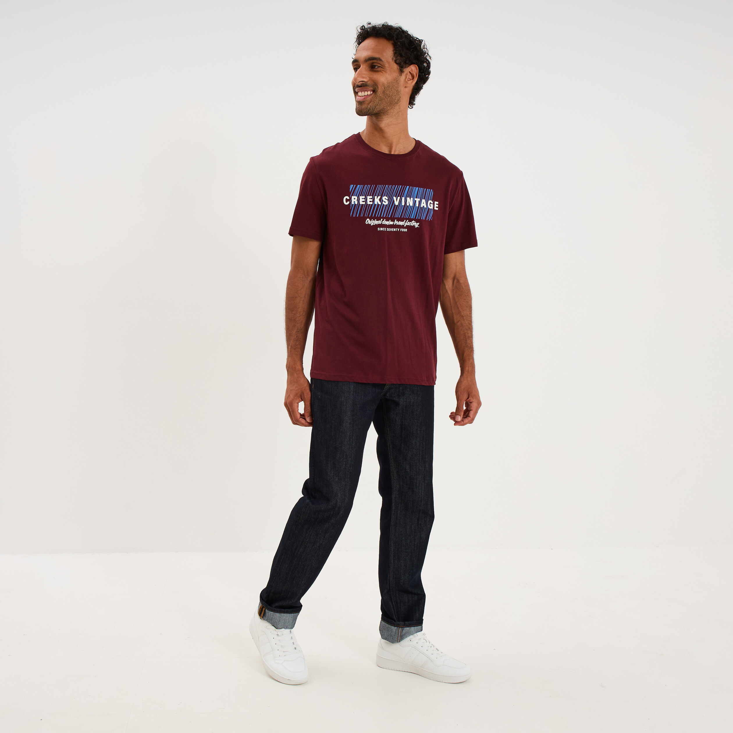 T-shirt manches courtes coton col rond violet fonc&eacute; homme