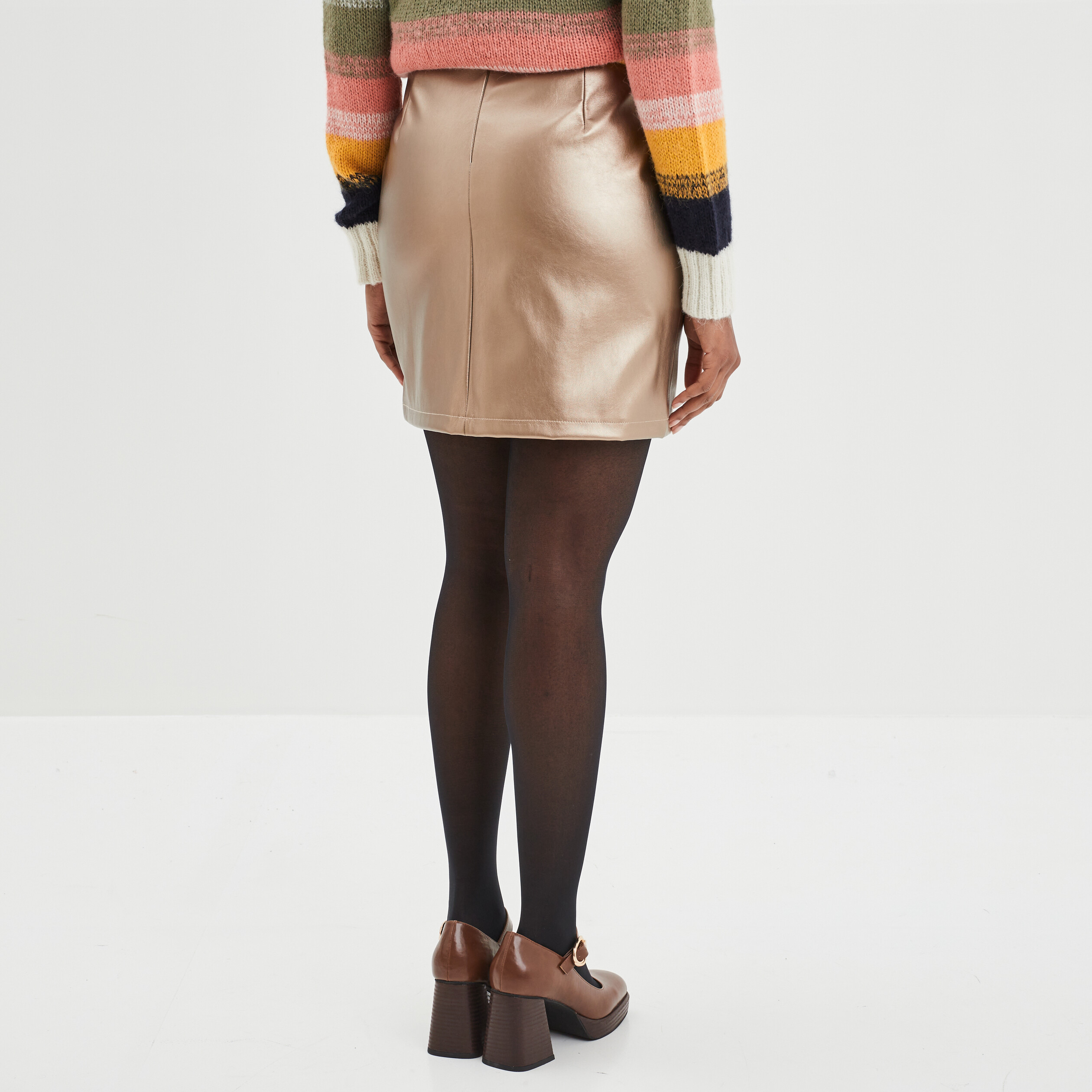 Jupe droite simili cuir métallisée jaune or femme