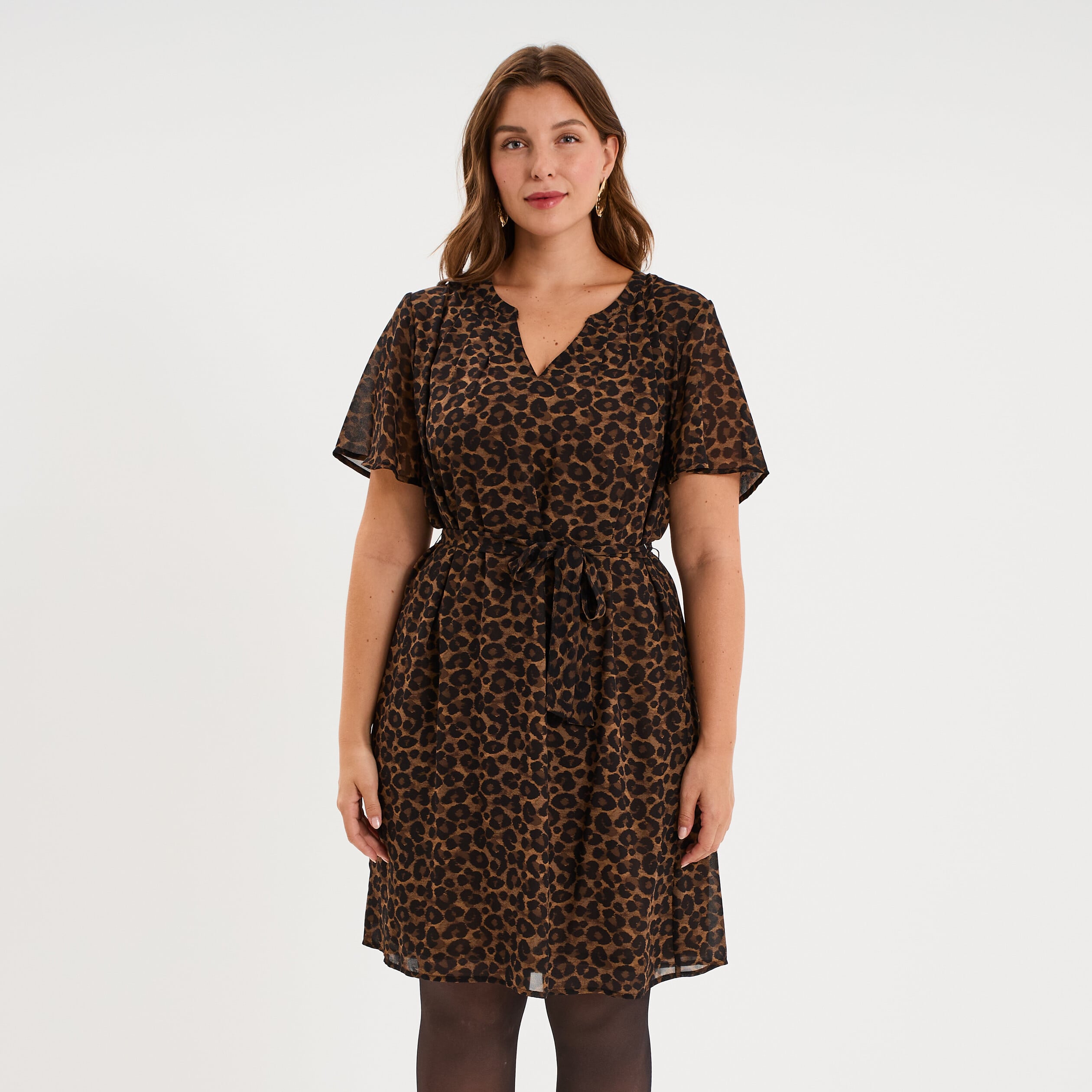 Robe courte col tunisien manches courtes vert kaki femme grande taille