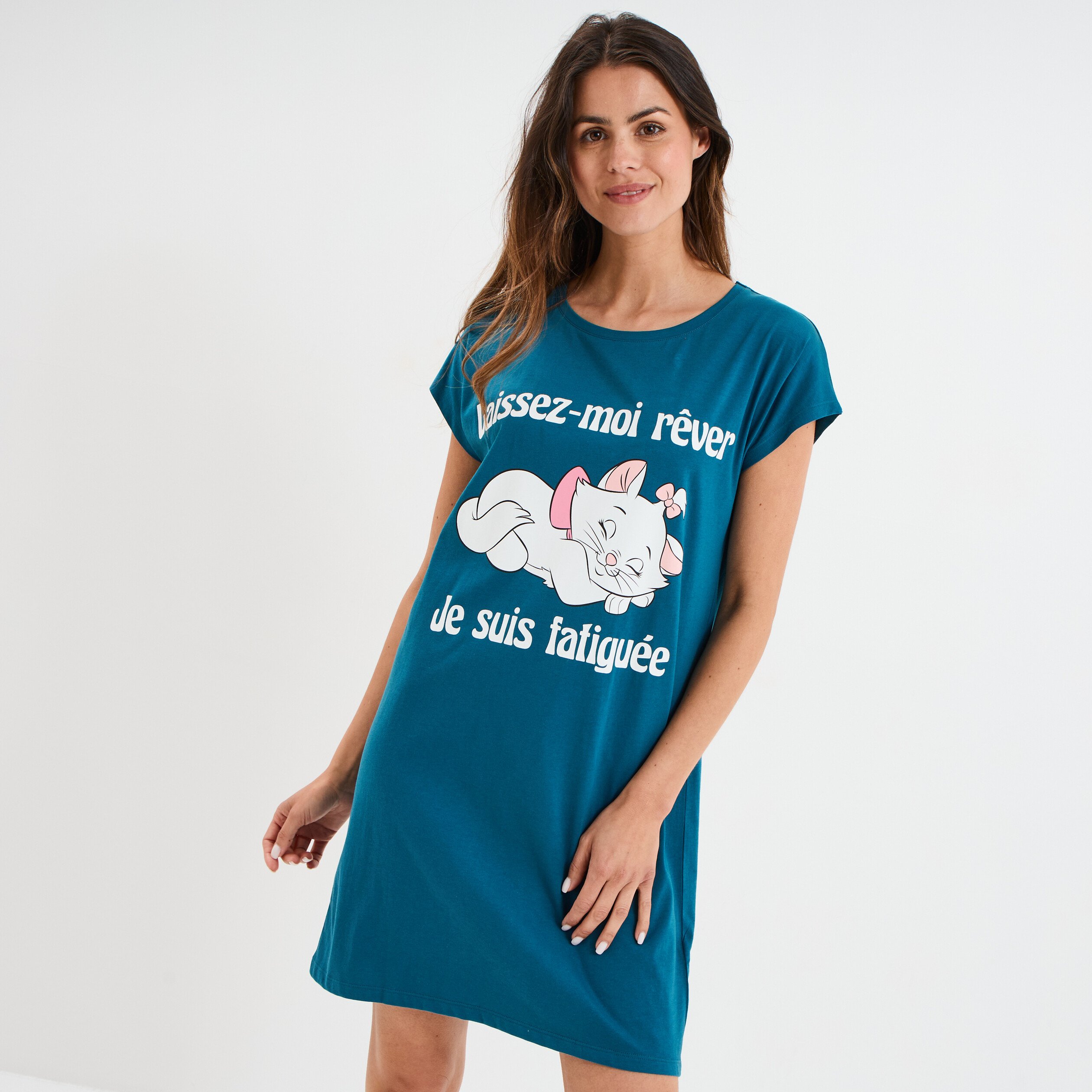 chemise de nuit coton aristochats marie bleu canard femme Chemise de nuit coton Aristochats Marie bleu canard femme
