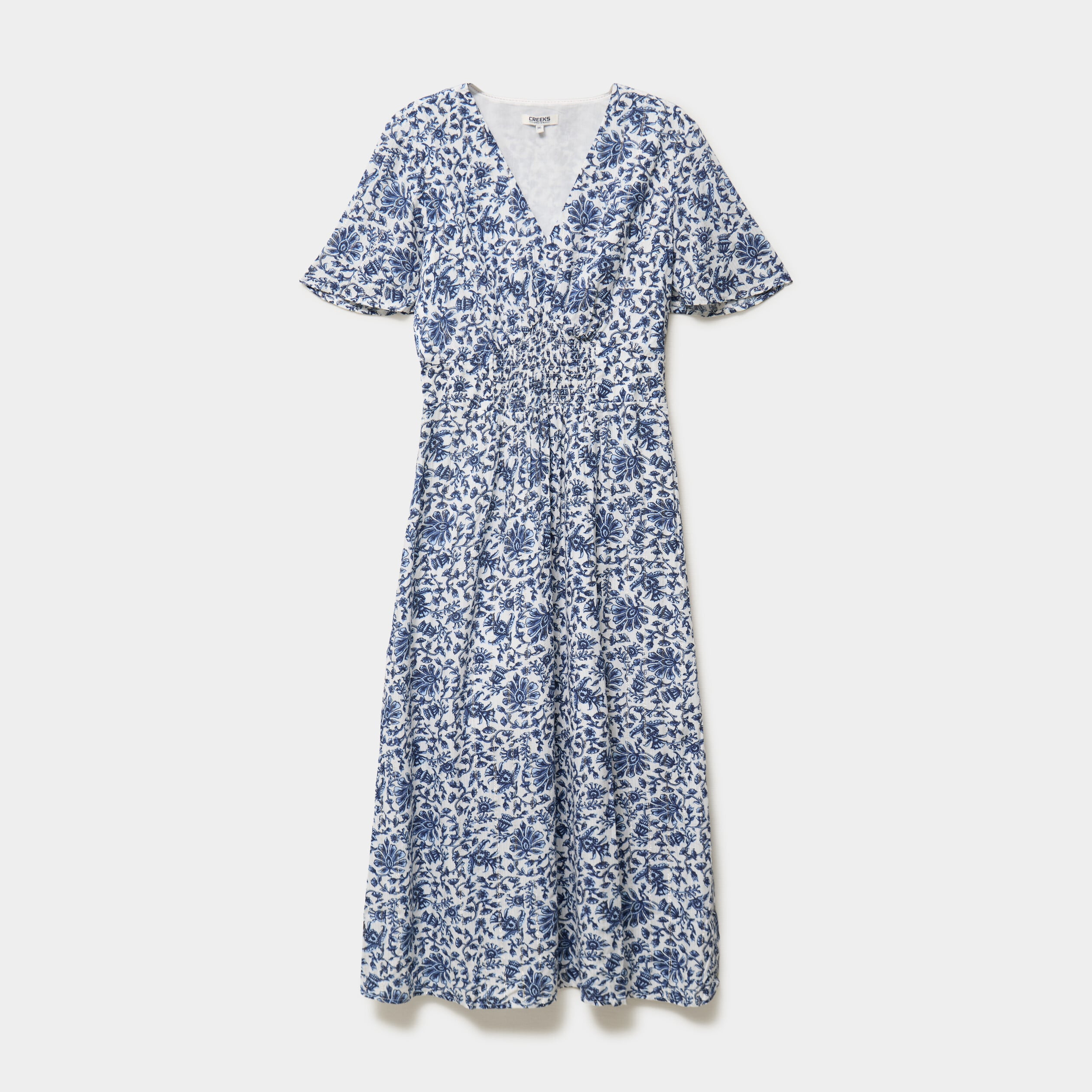 Robe longue empire taille smock&eacute;e blanc femme