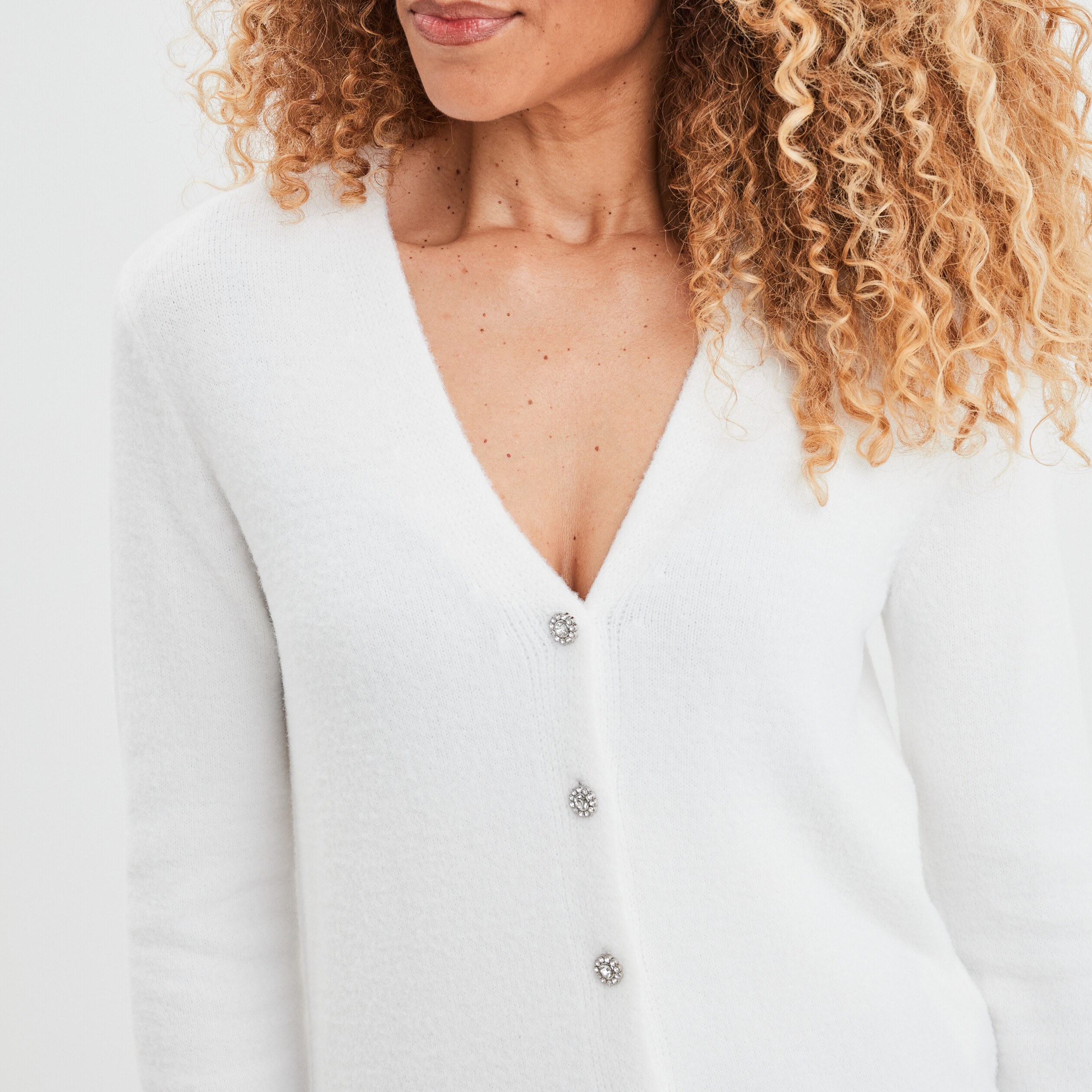 Gilet col en V boutons bijoux blanc femme