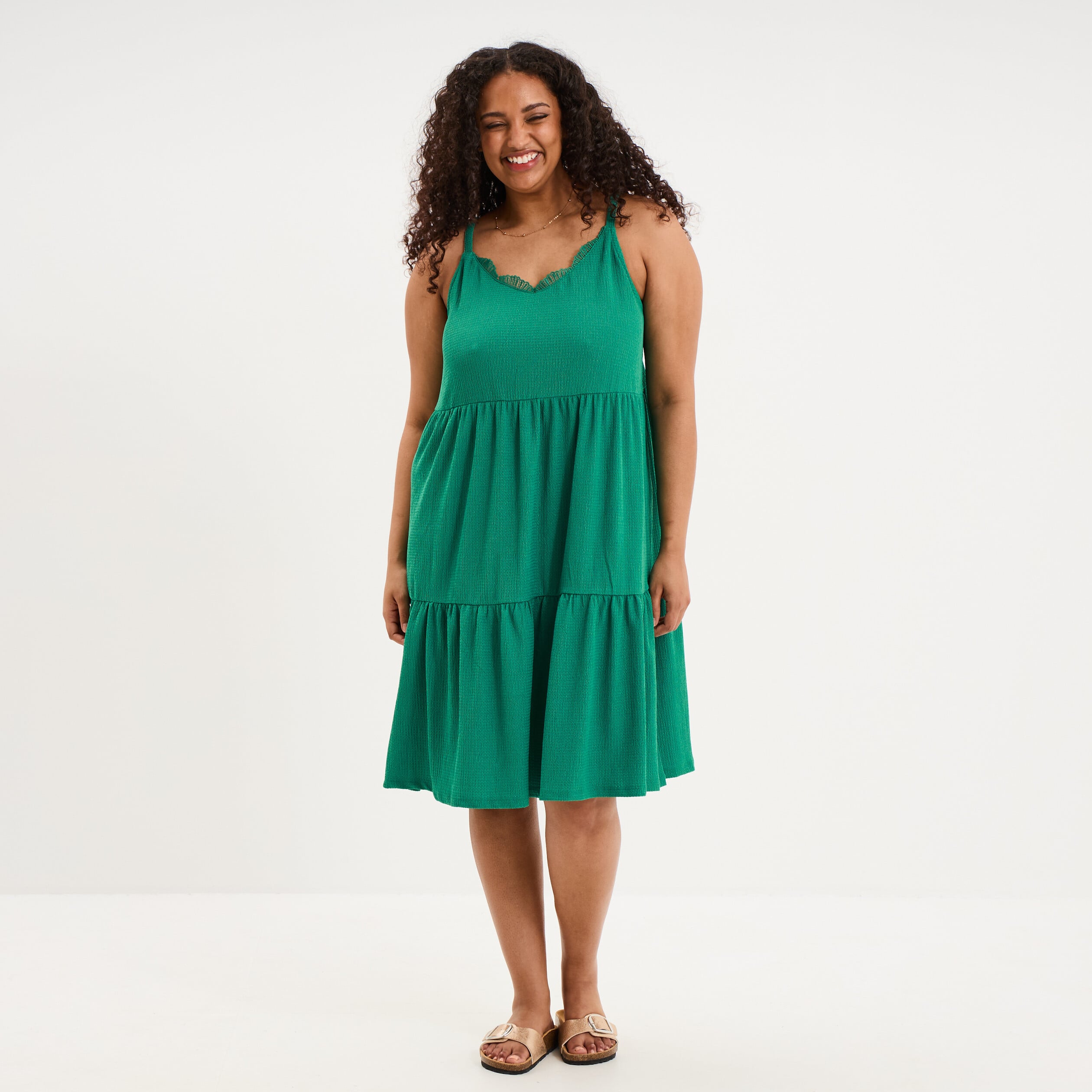 Robe bretelles &agrave; volants longueur genou vert canard femme grande taille