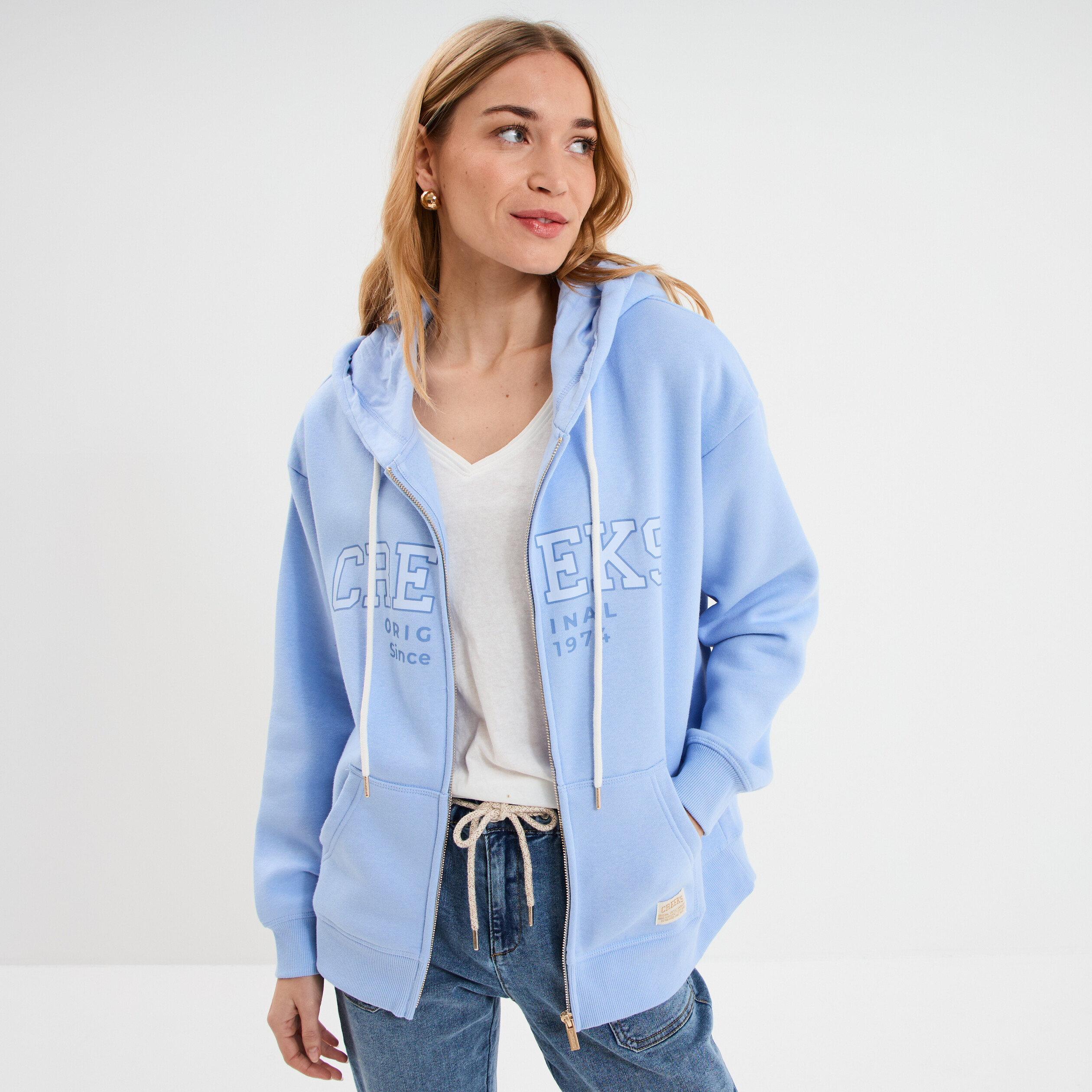 Sweat zipp&eacute; &agrave; capuche bleu lavande femme
