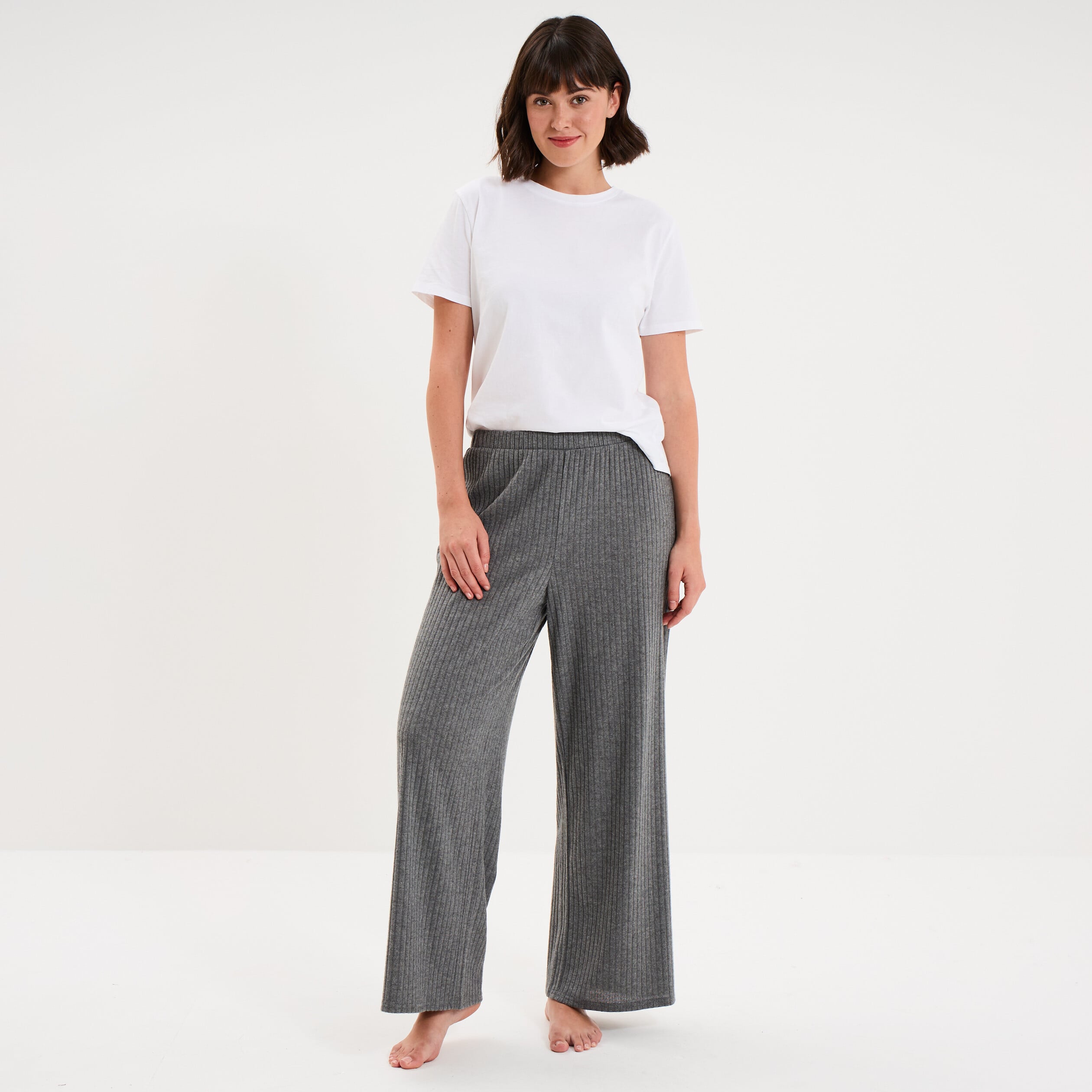 Pantalon de pyjama droit c&ocirc;tel&eacute; gris fonc&eacute; femme