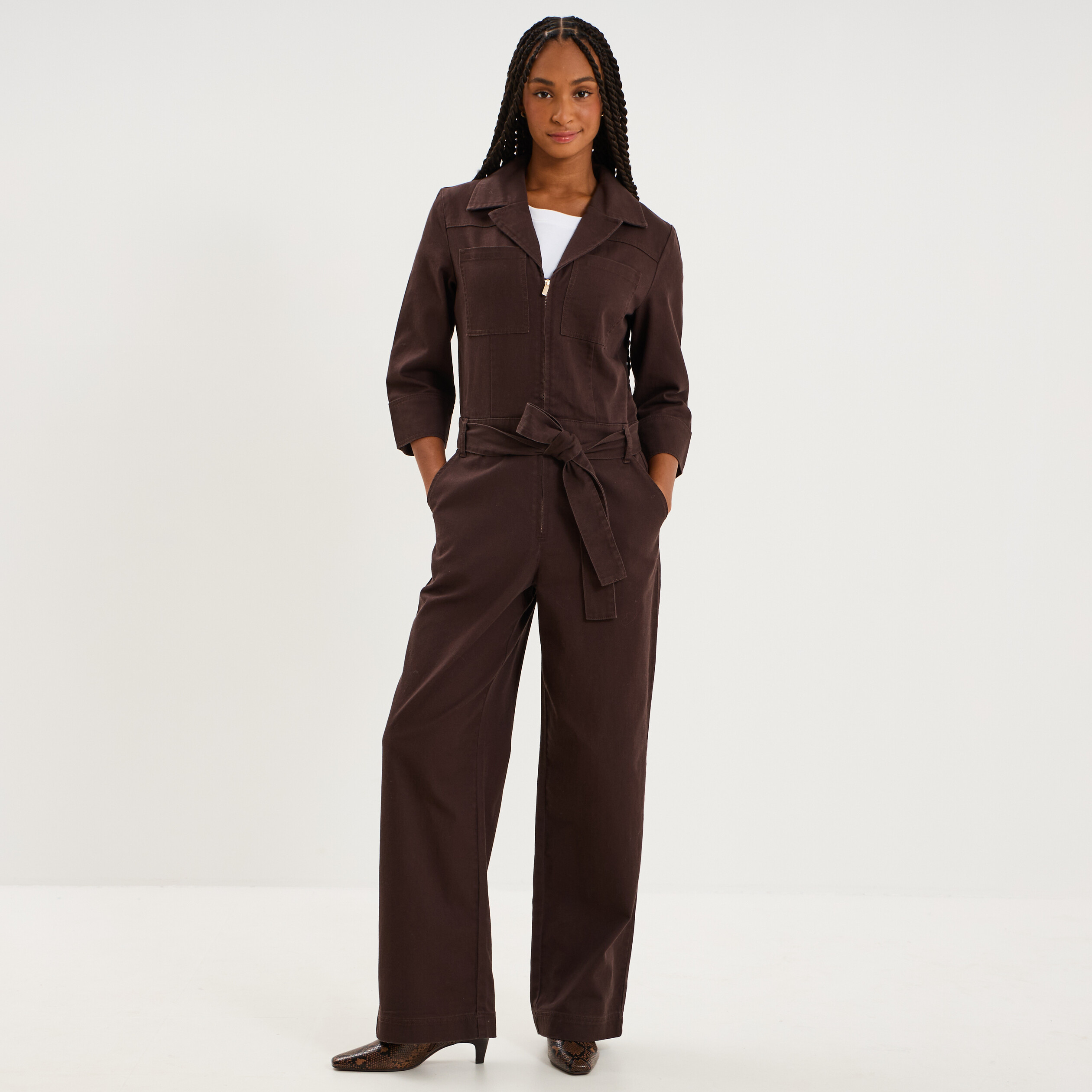 Combinaison pantalon zipp&eacute;e jambe large marron fonc&eacute; femme