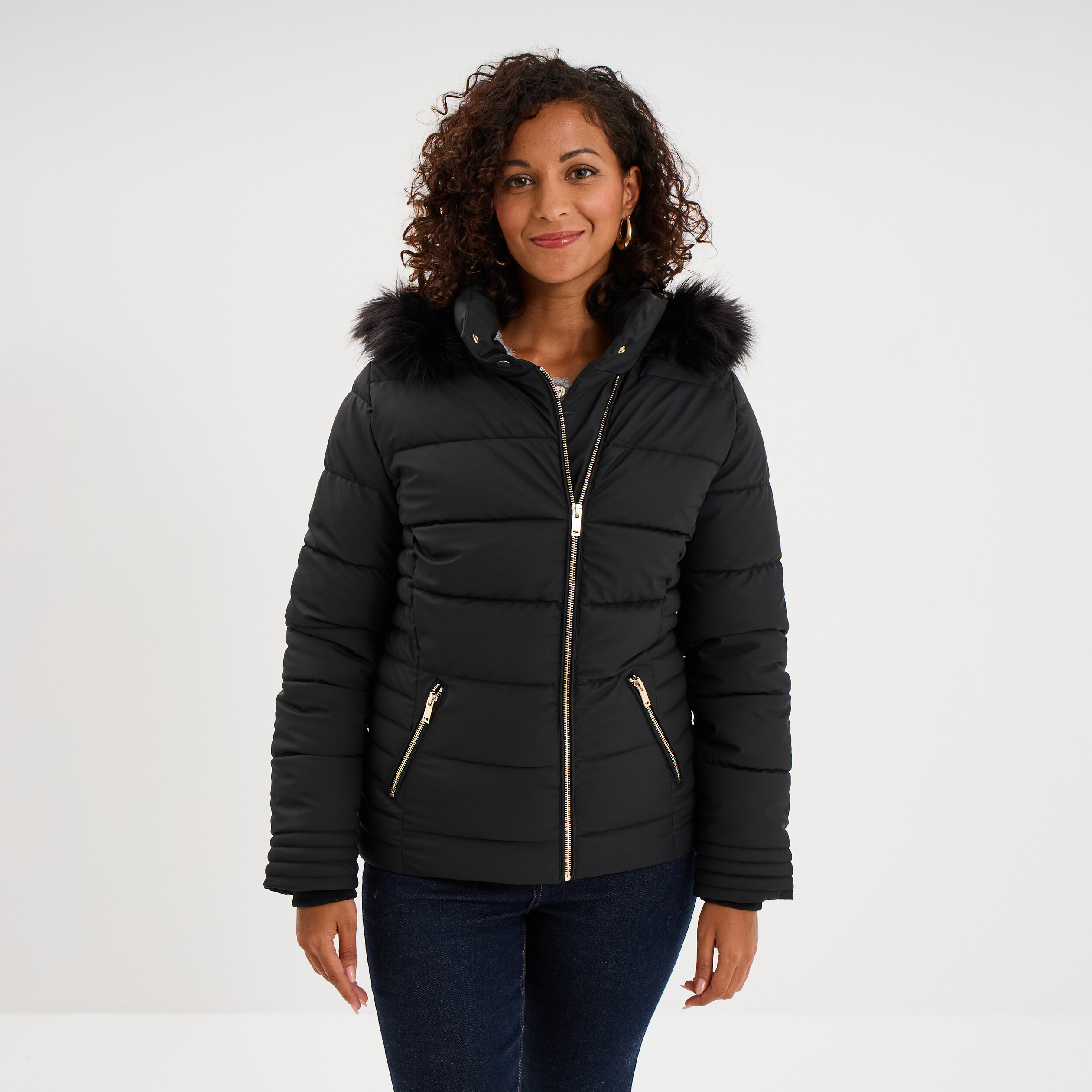 Doudoune simili cuir &agrave; capuche noir femme