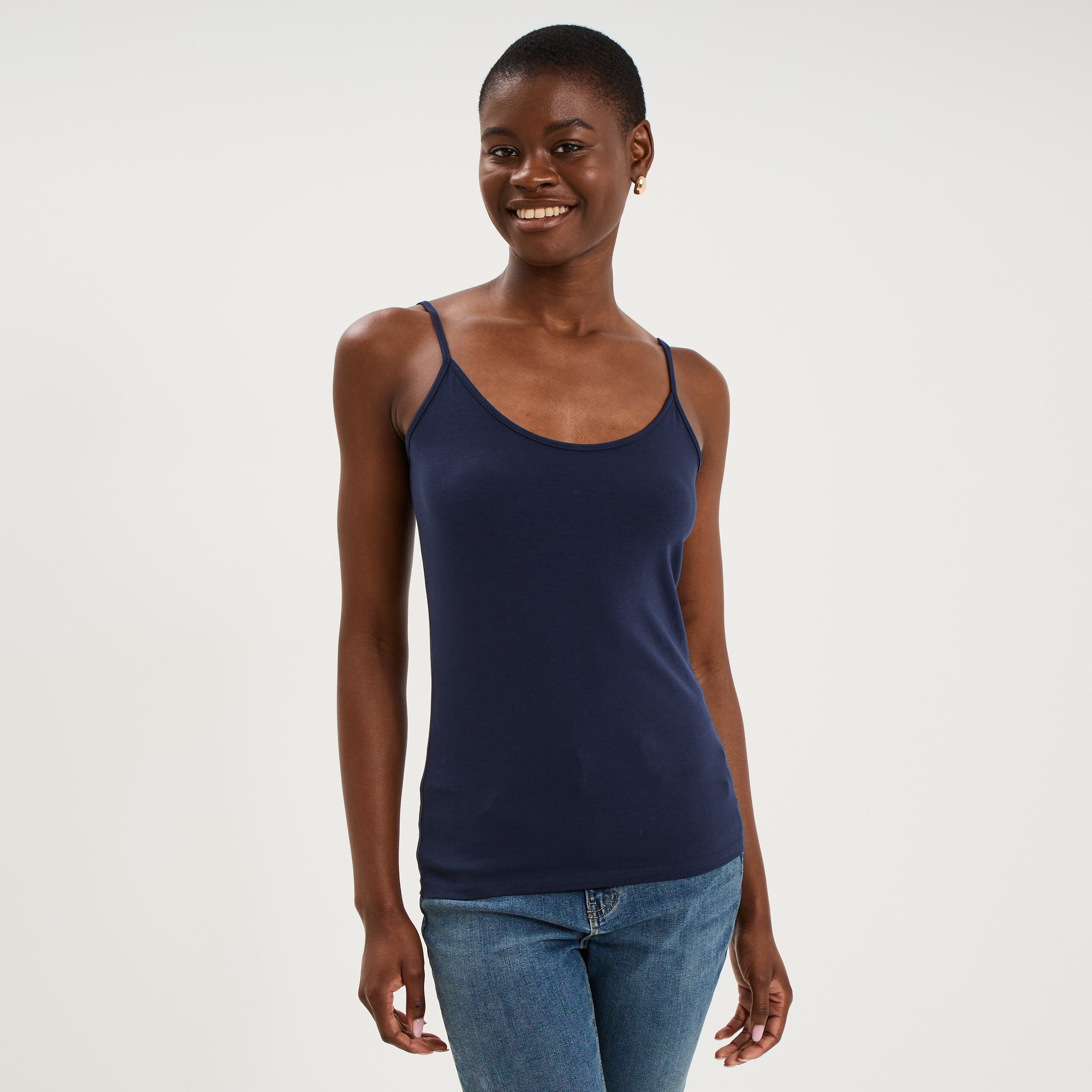 D&eacute;bardeur bretelles r&eacute;glables en coton bleu marine femme
