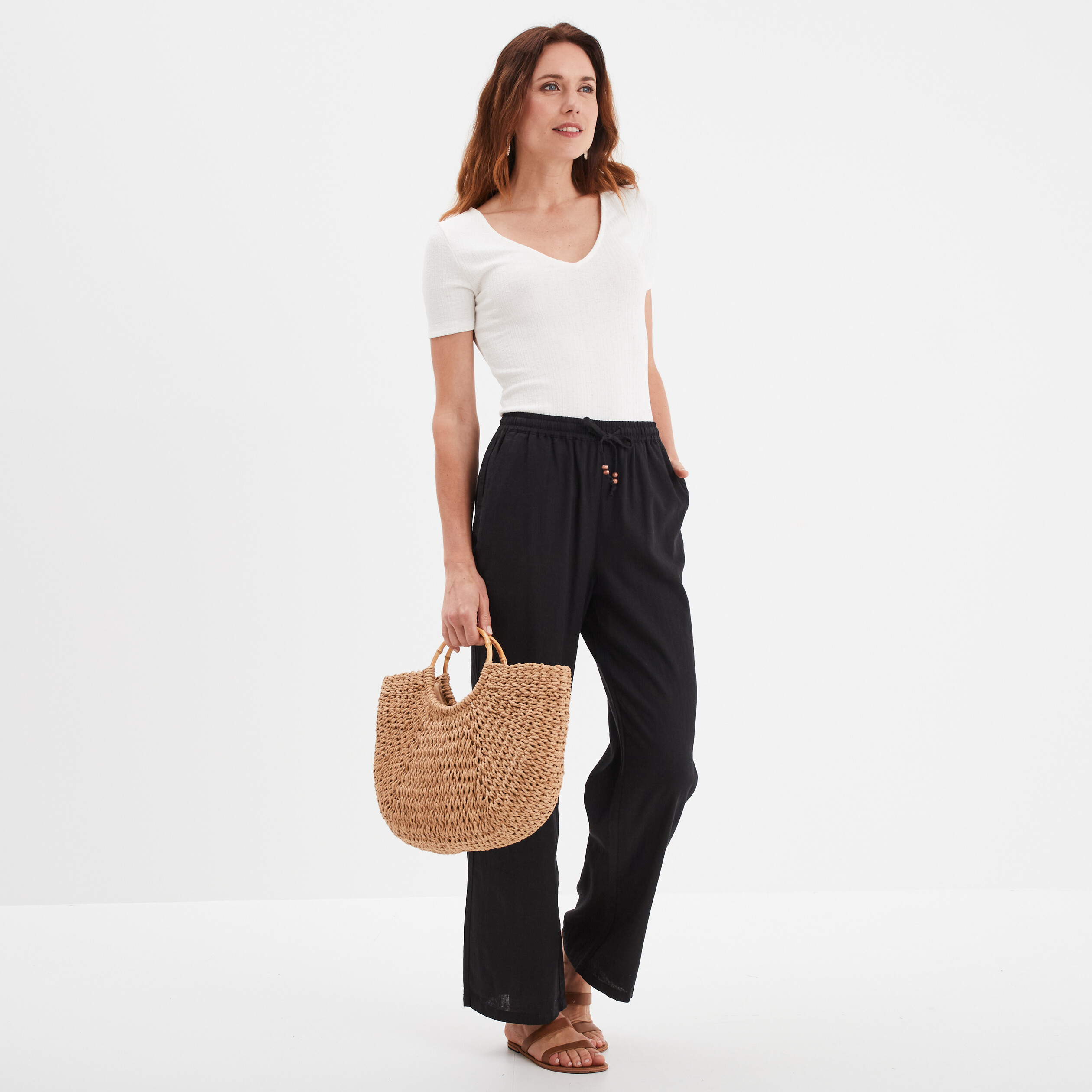 pantalon melange lin taille elastiquee noir femme Pantalon mélange lin taille élastiquée noir femme