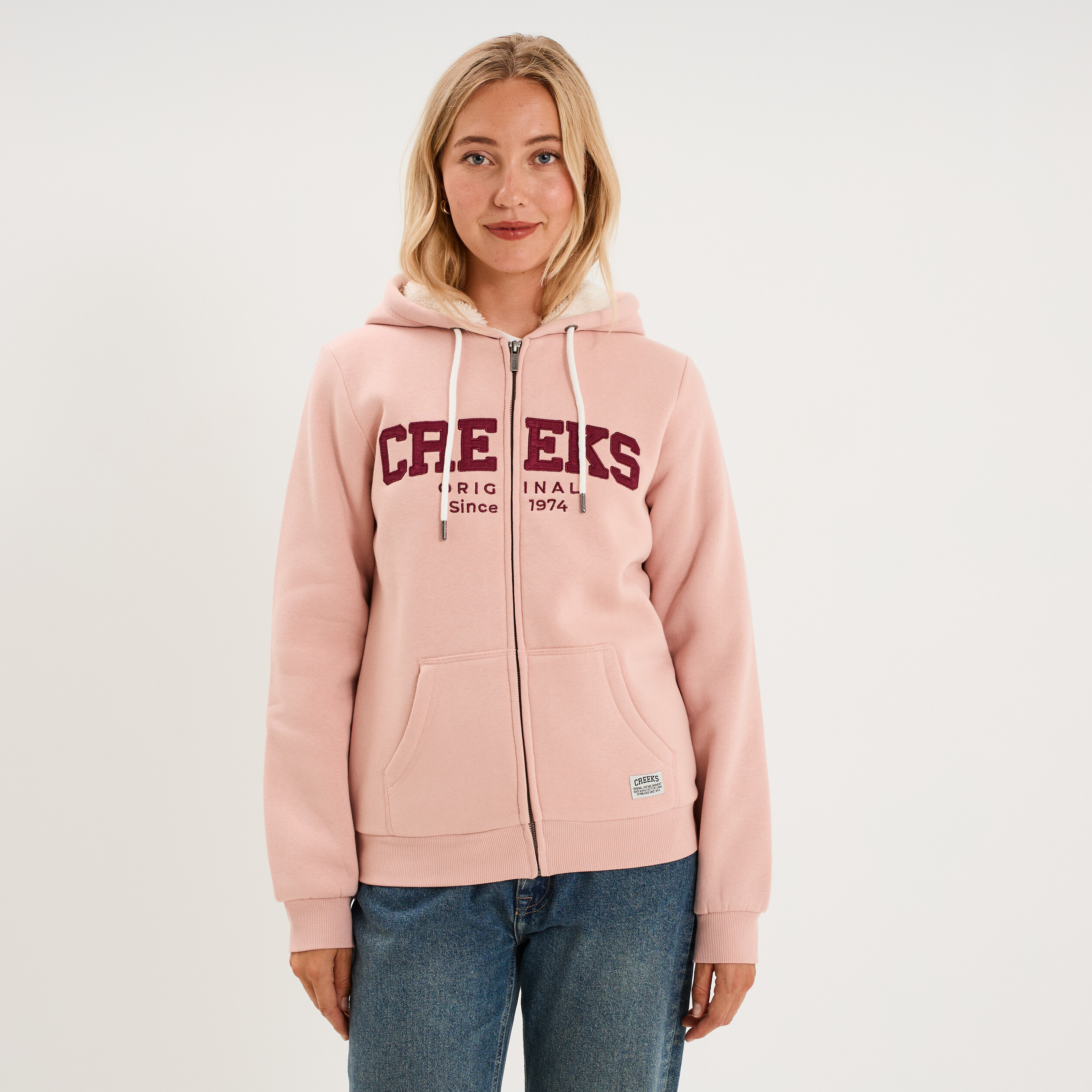 Sweat &agrave; capuche doublure effet sherpa rose poudr&eacute;e femme