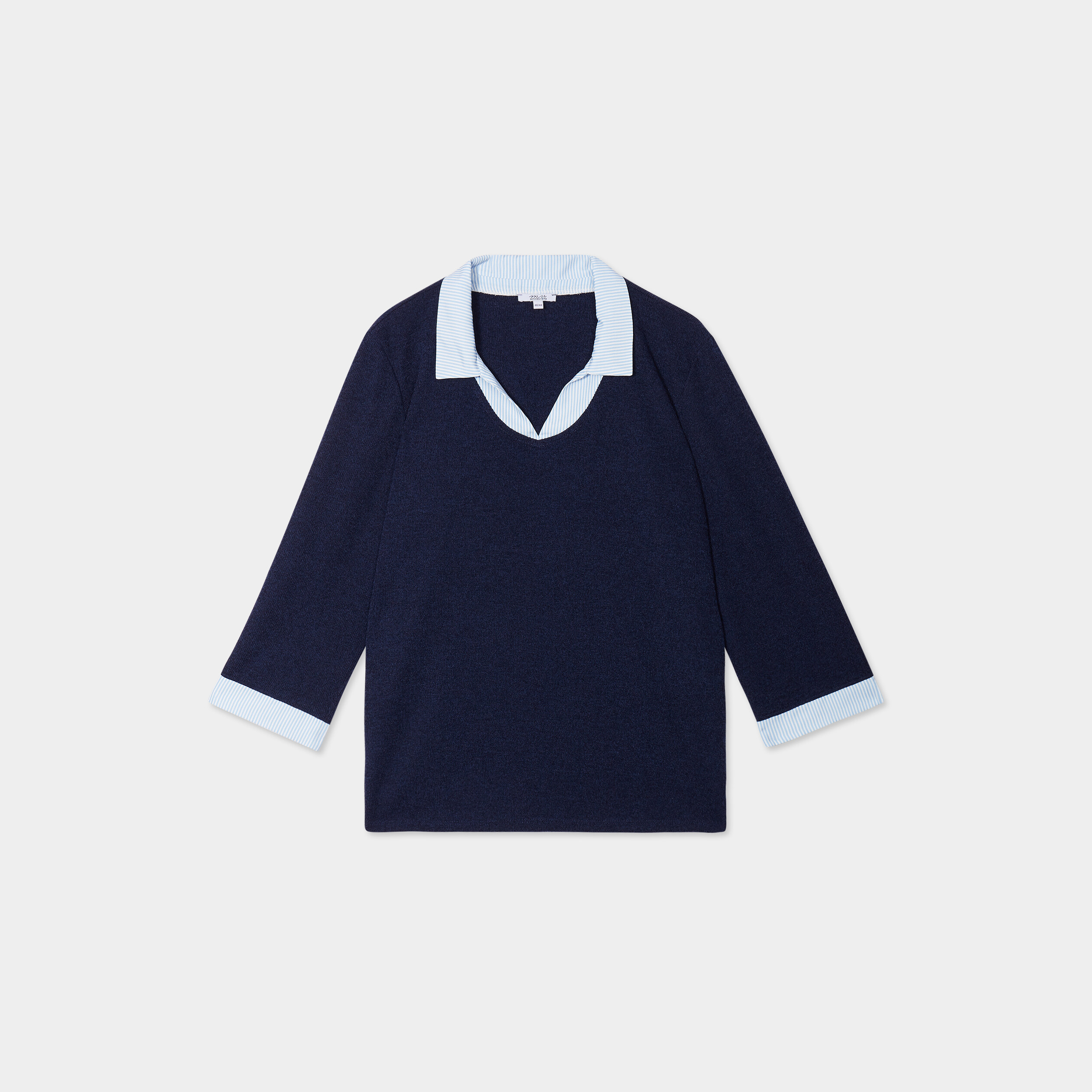 pull effet 2 en 1 avec manches 34 bleu marine femmegt Pull effet 2-en-1 avec manches 3/4 bleu marine femme grande taille
